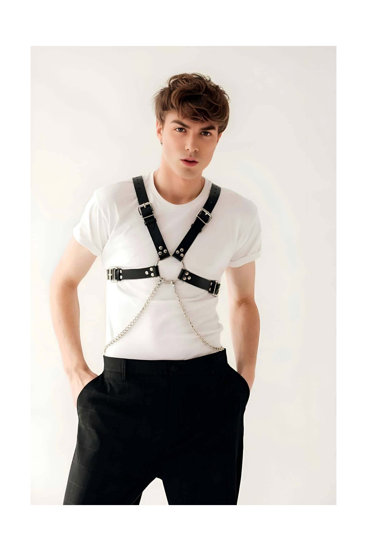 Moda Şahsenem Şık Zincir Detaylı Deri Erkek Göğüs Harness - BRFM95