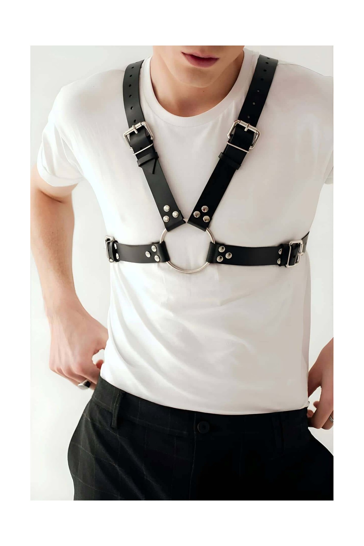 Moda Şahsenem Şık Zincir Detaylı Deri Erkek Göğüs Harness - BRFM95 görsel 5