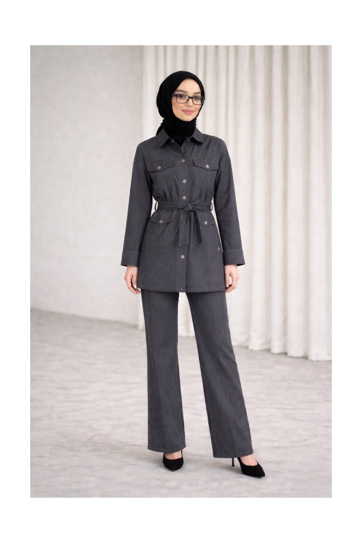 Tesettür Diyarı Kadın Kuşaklı Denim Tesettür Takım- Yeşil görsel 4