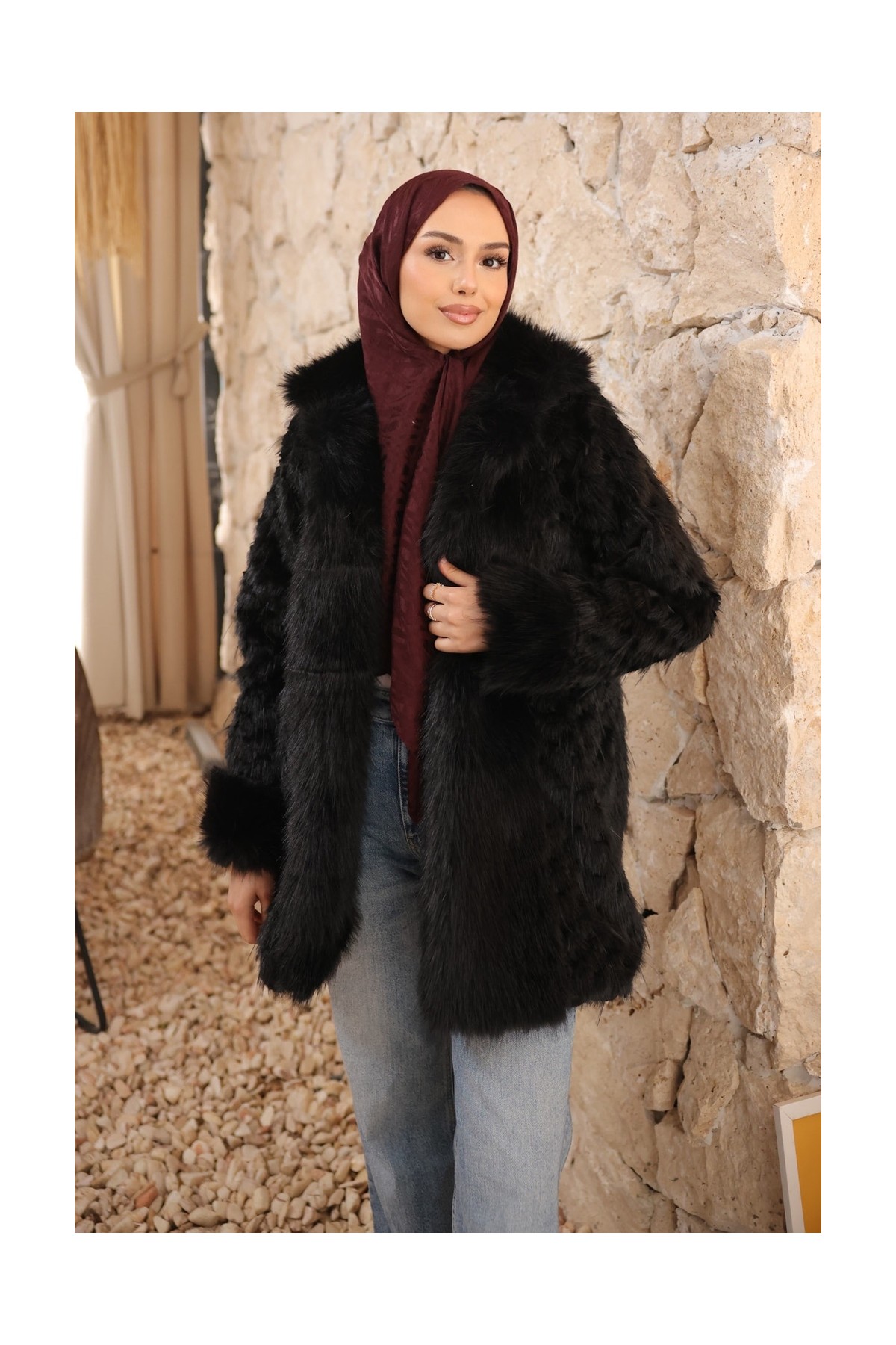 İmaj Butik Ekru Astarlı Cepli Kürk Kaban görsel 5