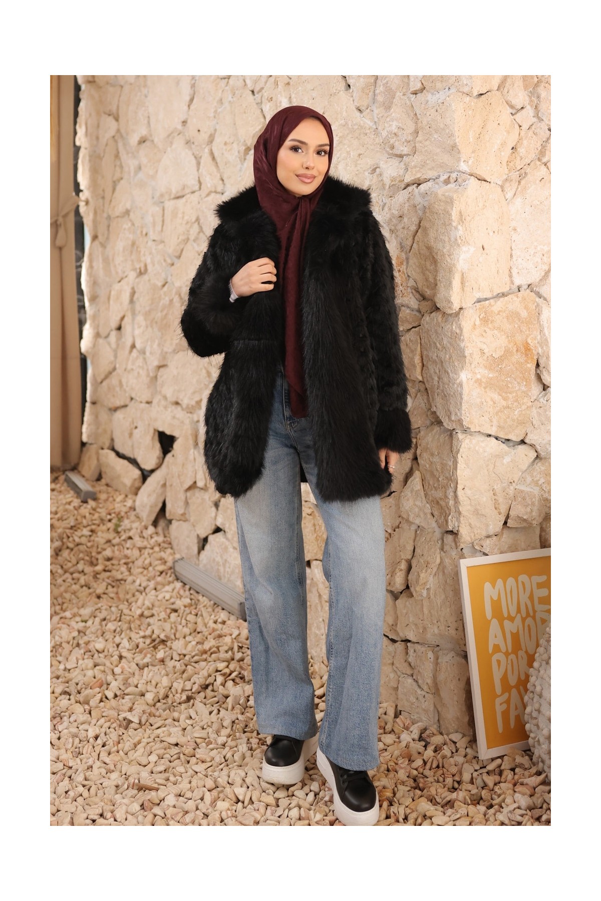 İmaj Butik Ekru Astarlı Cepli Kürk Kaban görsel 6