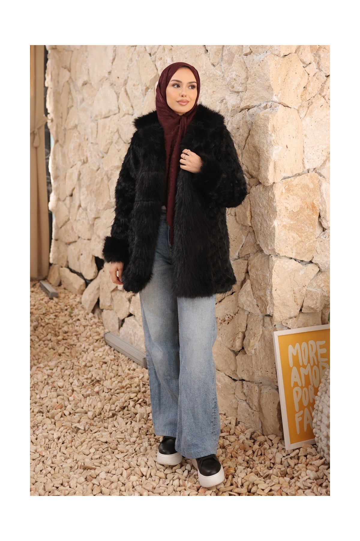 İmaj Butik Ekru Astarlı Cepli Kürk Kaban görsel 7