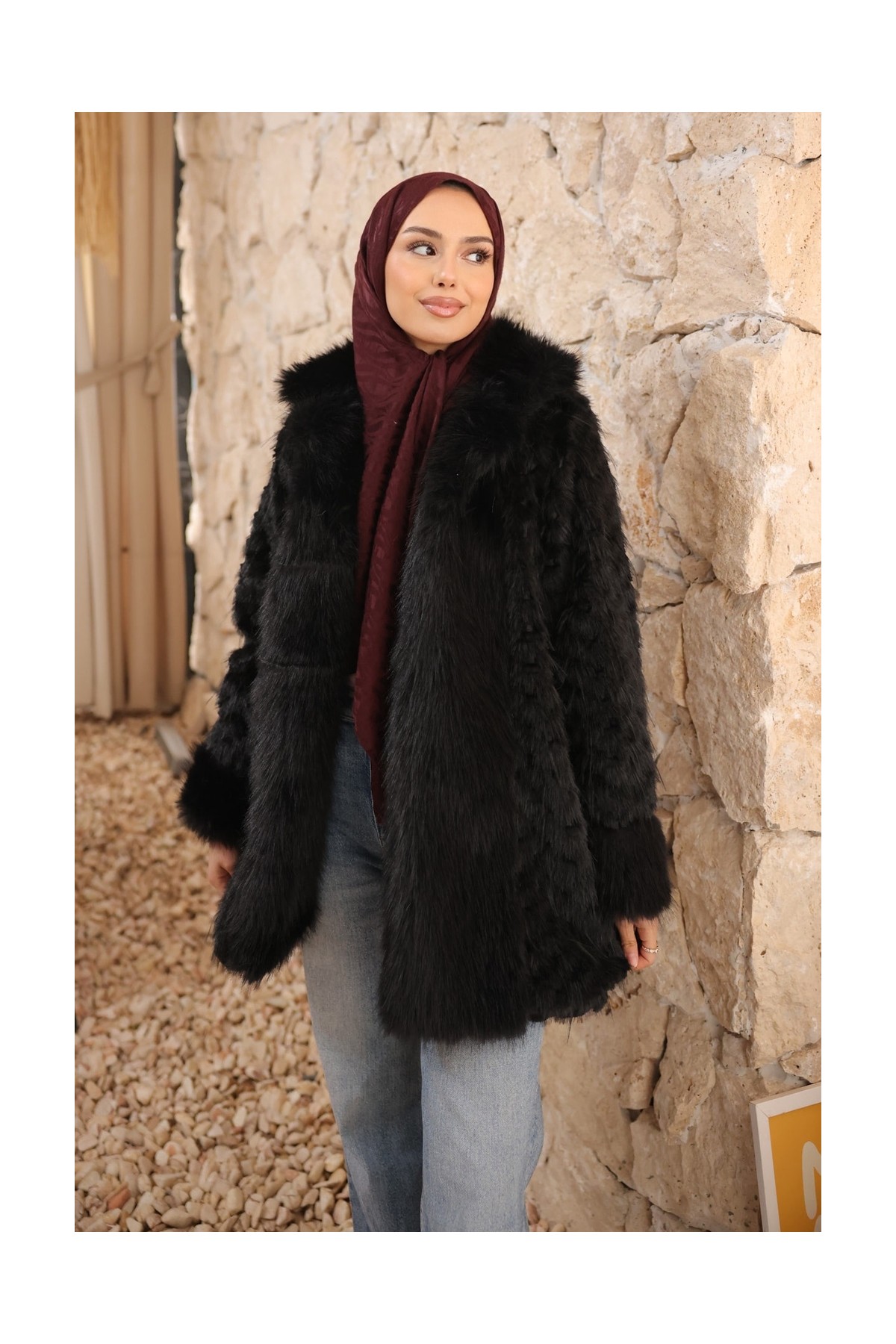 İmaj Butik Ekru Astarlı Cepli Kürk Kaban görsel 8