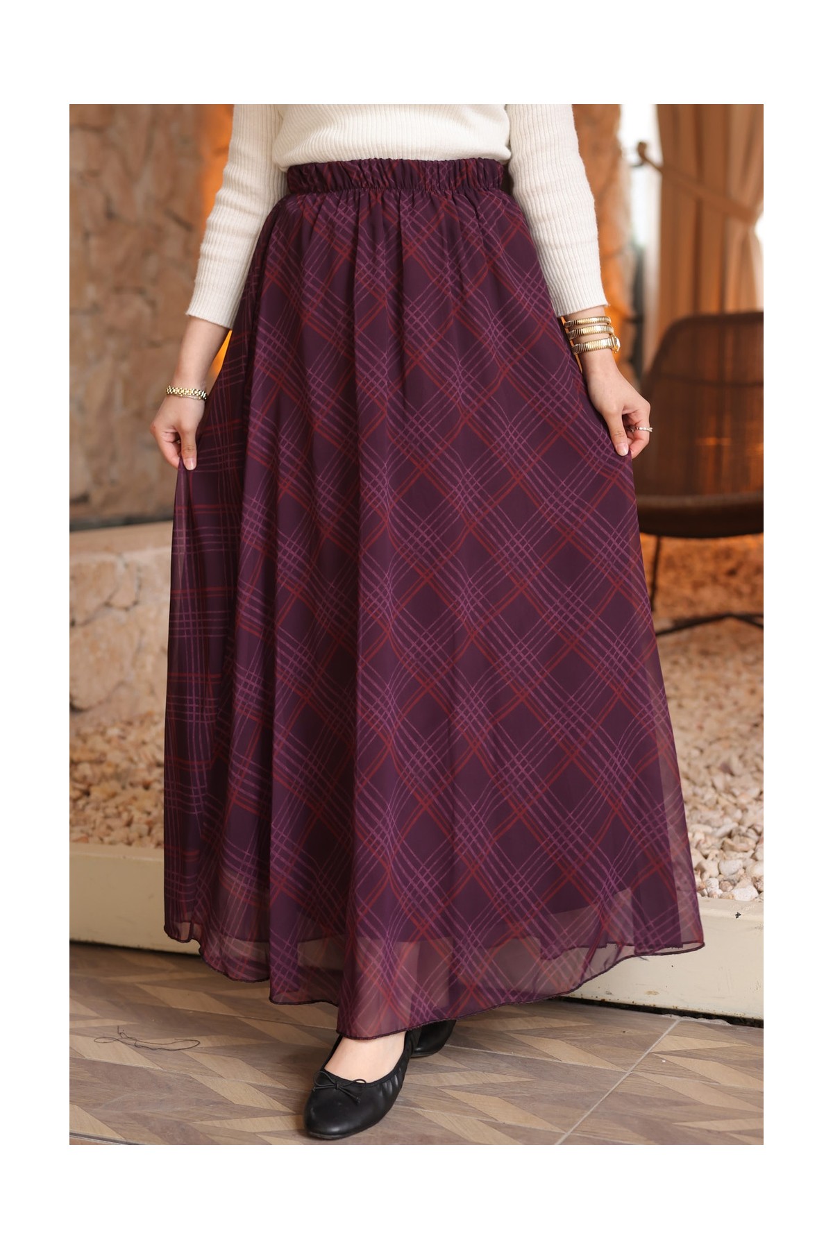 İmaj Butik Siyah Bel Lastikli Astarlı Şifon Etek