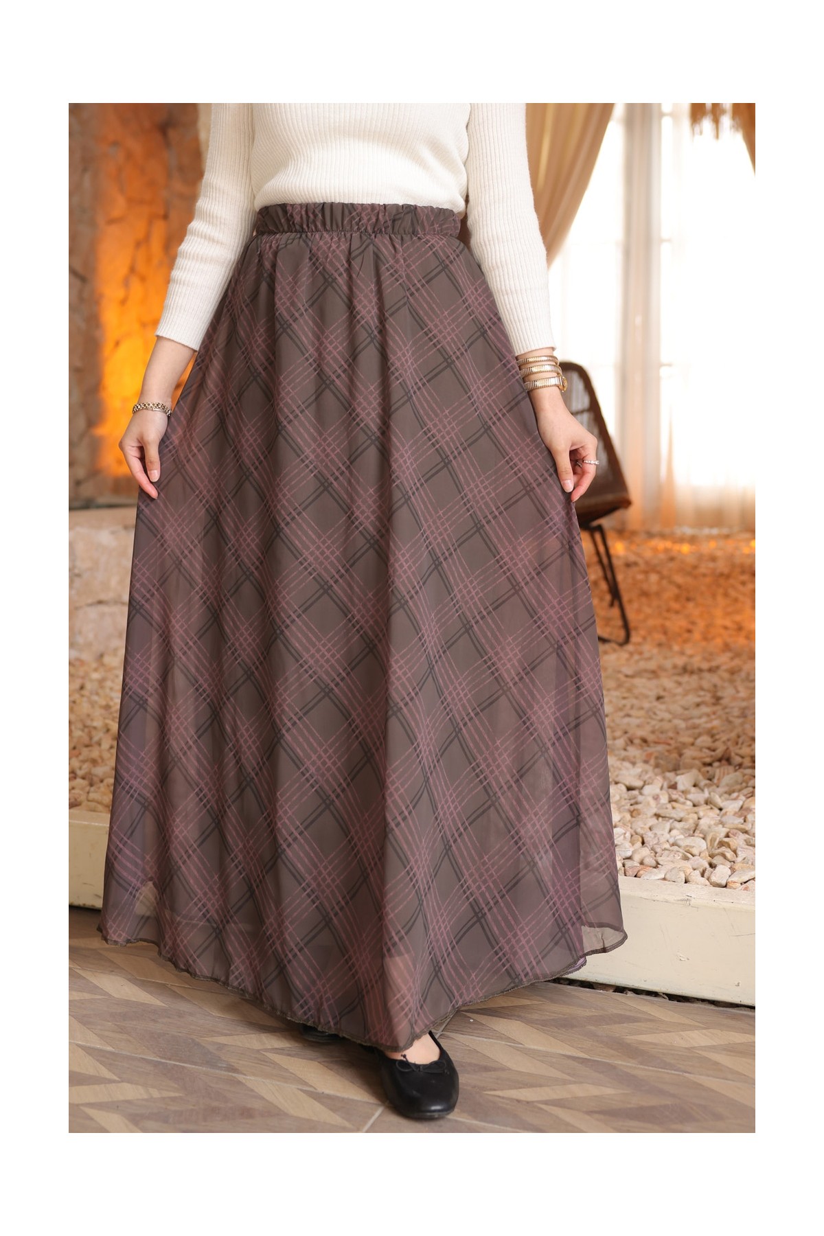 İmaj Butik Siyah Bel Lastikli Astarlı Şifon Etek görsel 4