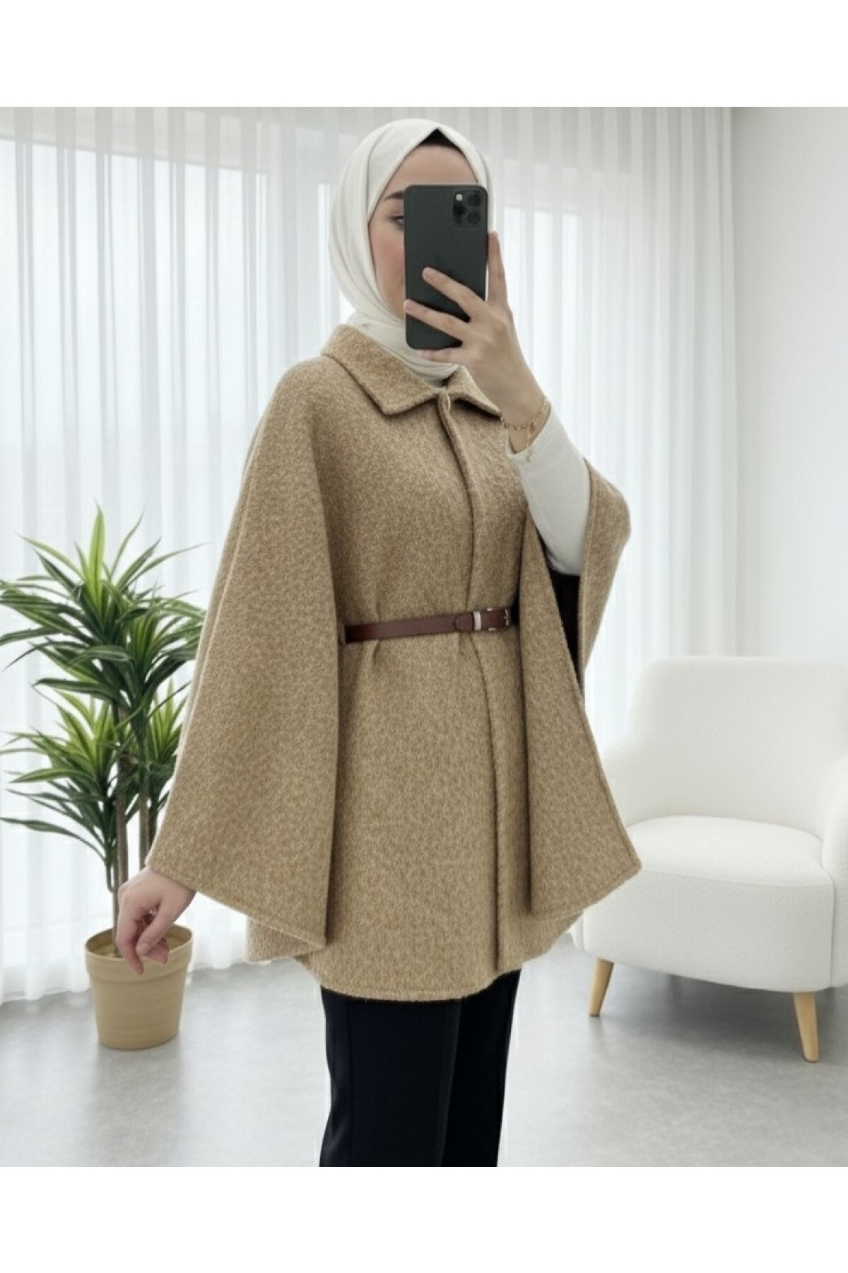 Moda Morfo Tek Düğmeli Beli Kemerli Sakallı Panço -Bej görsel 6