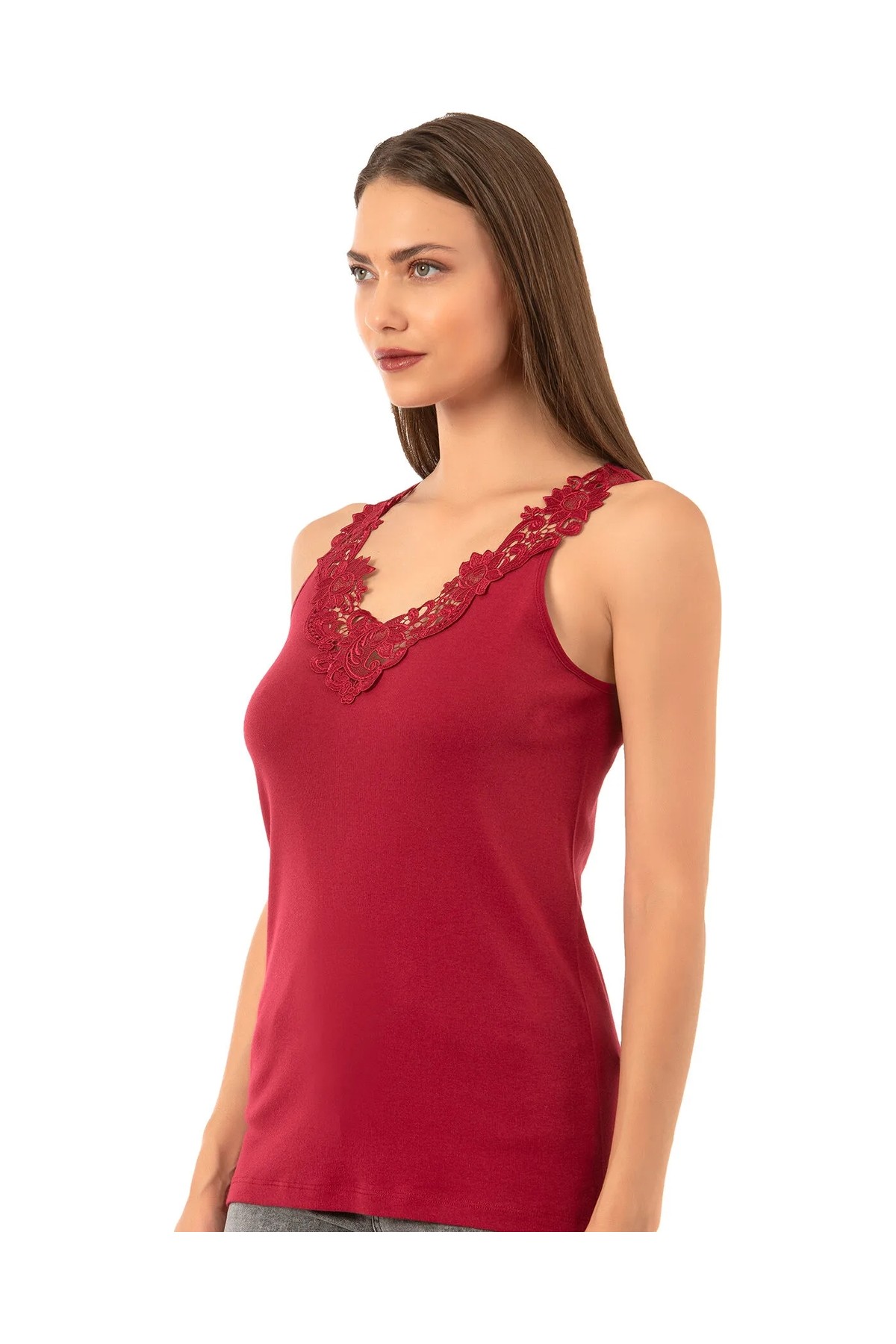 Özkan Underwear Özkan 2001 Kadın %100 Pamuklu Ribana Dantelli Güpürlü Manolya Atlet görsel 7