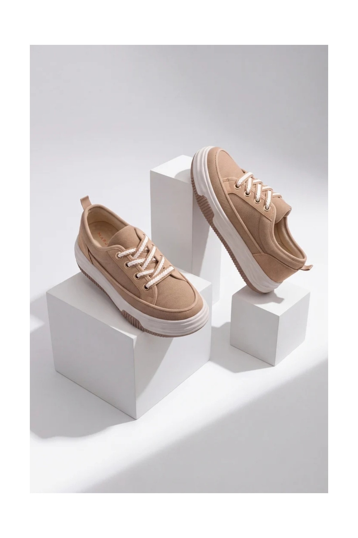 Marjin Kadın Yüksek Kalın Taban Sneaker Bağcıklı Spor Ayakkabı Hesna Kahve Keten görsel 5