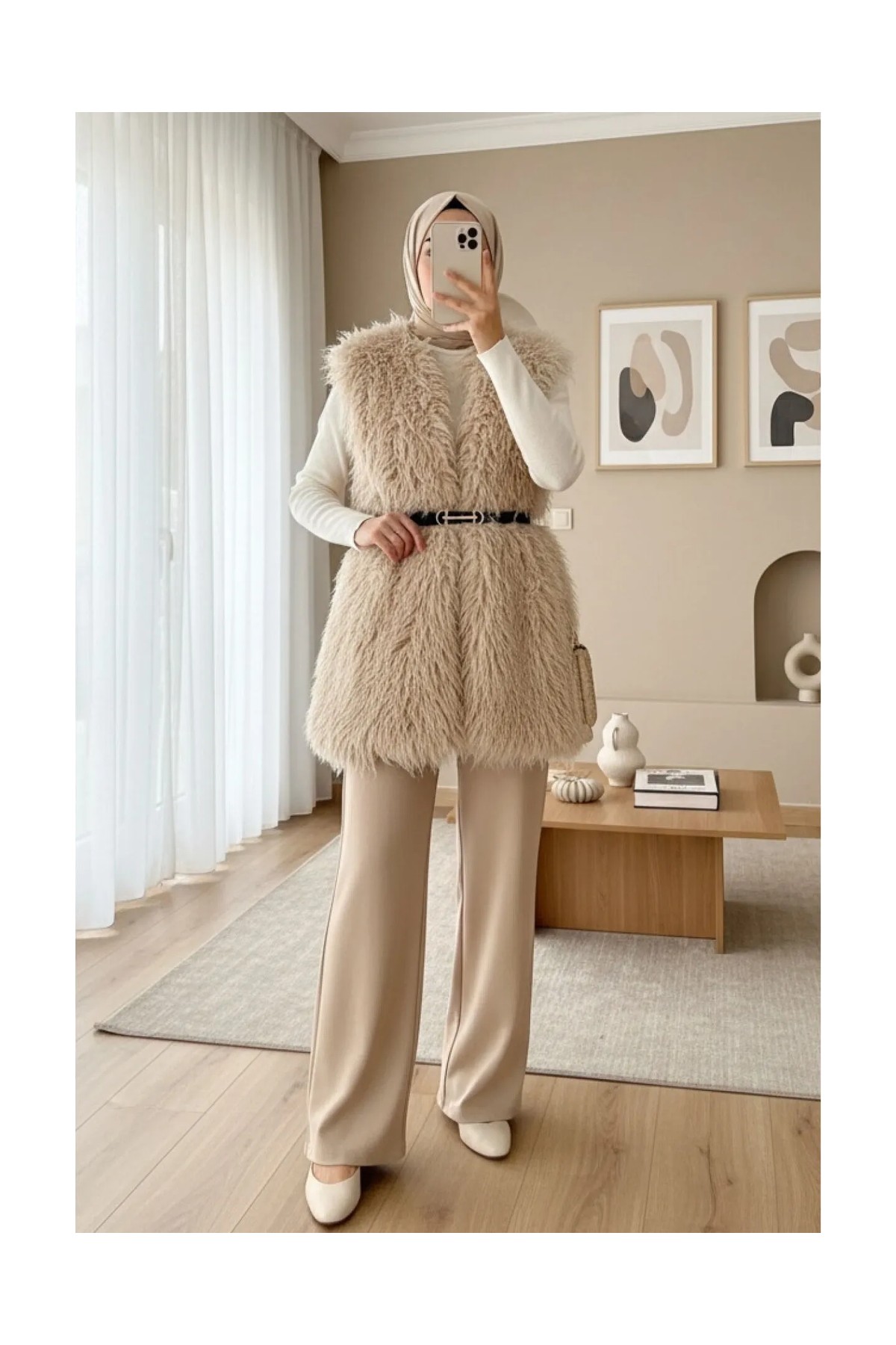 Moda Morfo Kemerli Yan Cepli Kürklü Astarlı Yelek -Beyaz görsel 8