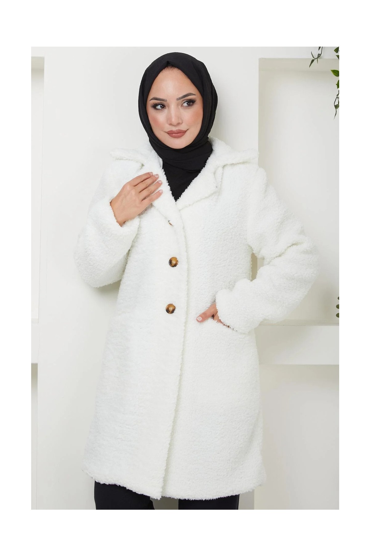 Hafsa Mina Kruvaze Yaka Peluş Mont Beyaz HM2507 görsel 6