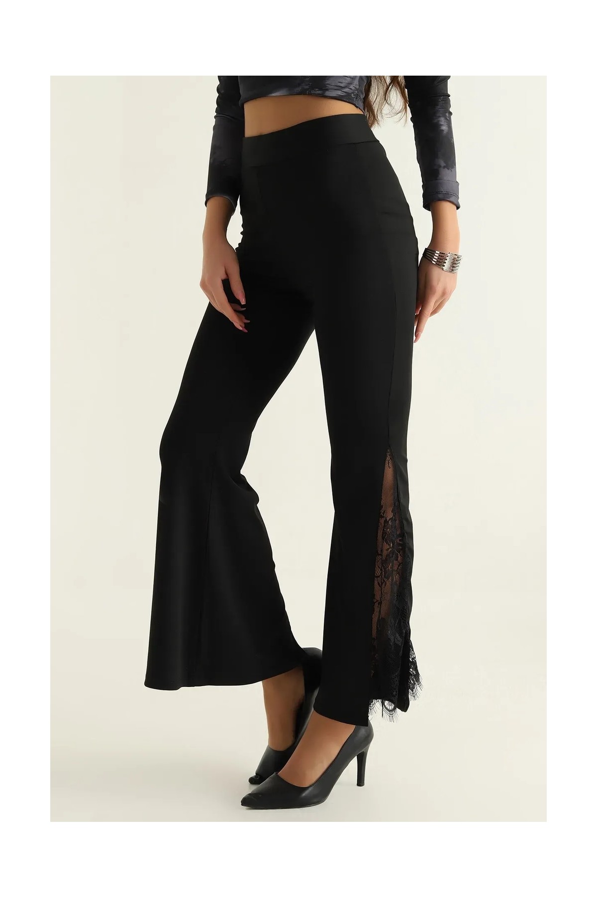 Tee Ropa Dantelli Slim Fit Ispanyol Paça Tayt Kadın Siyah Orta Kalınlıkta Cepsiz Tasarım görsel 5