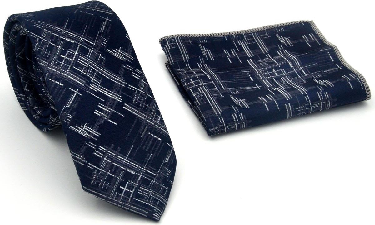 Gaffy Gri Kırcıl Desenli Lacivert Dokuma Kumaş Mendilli Slim Fit Kravat // SDK-2611-2 görsel 2