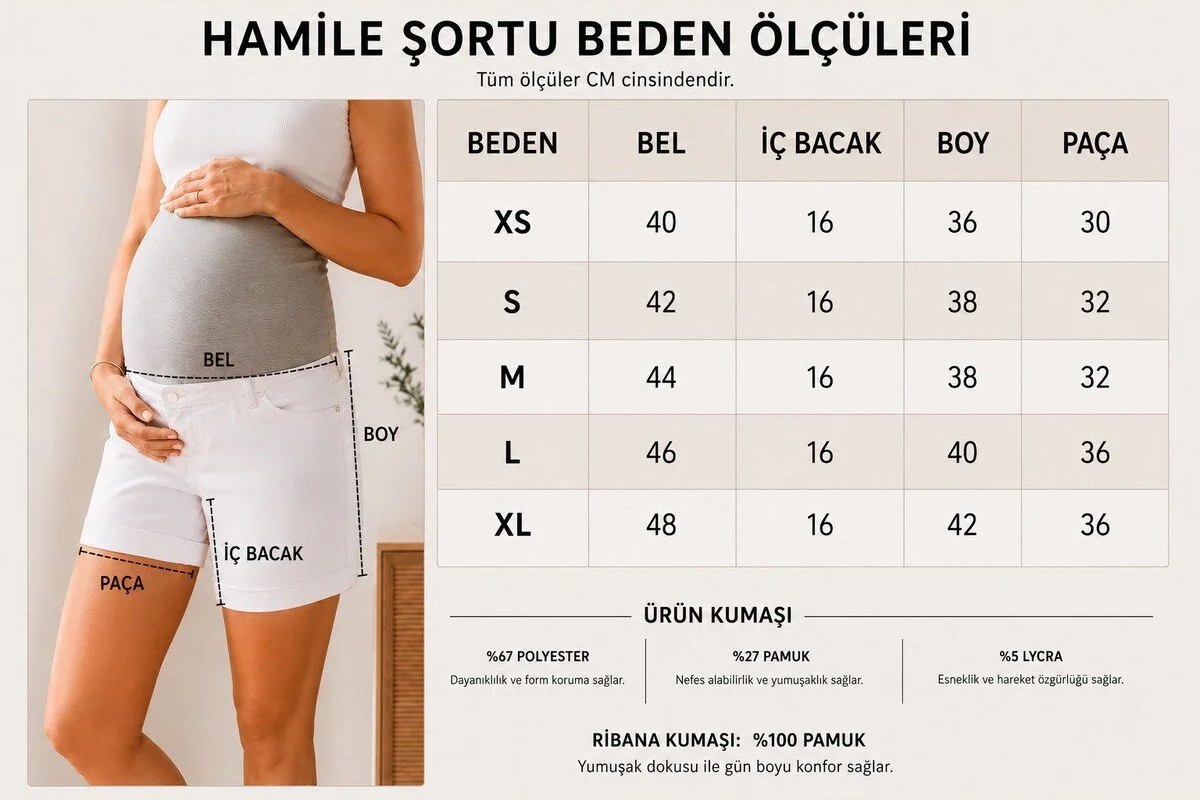 Meghan L.A Hamile Şortu Karın Bantlı Pamuklu Esnek Yazlık Hamile Kot Şort Beyaz görsel 4