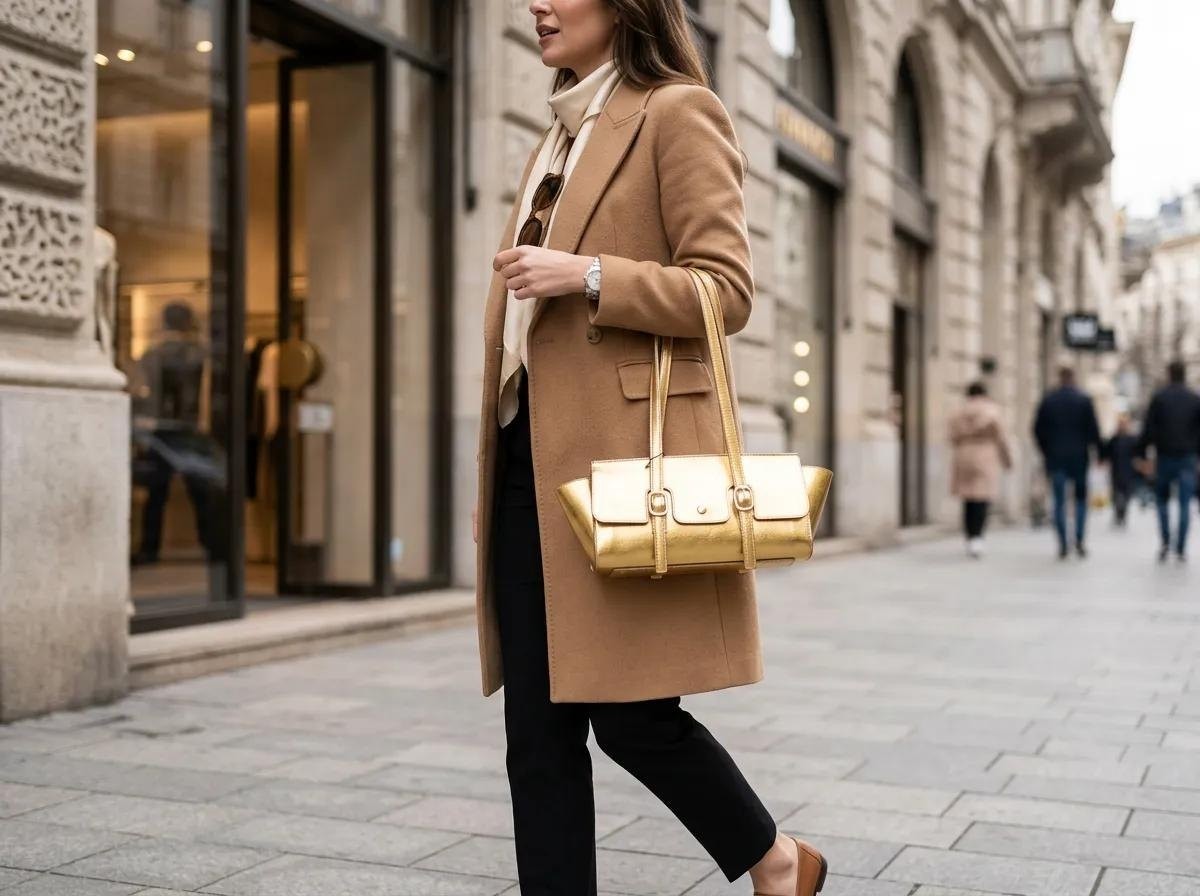 Aksiyon Global Parlak Gold Mini Omuz Çantası Yumuşak Deri Görünümlü Fermuarlı Kadın El ve Kol Çantası - Lisinya görsel 4