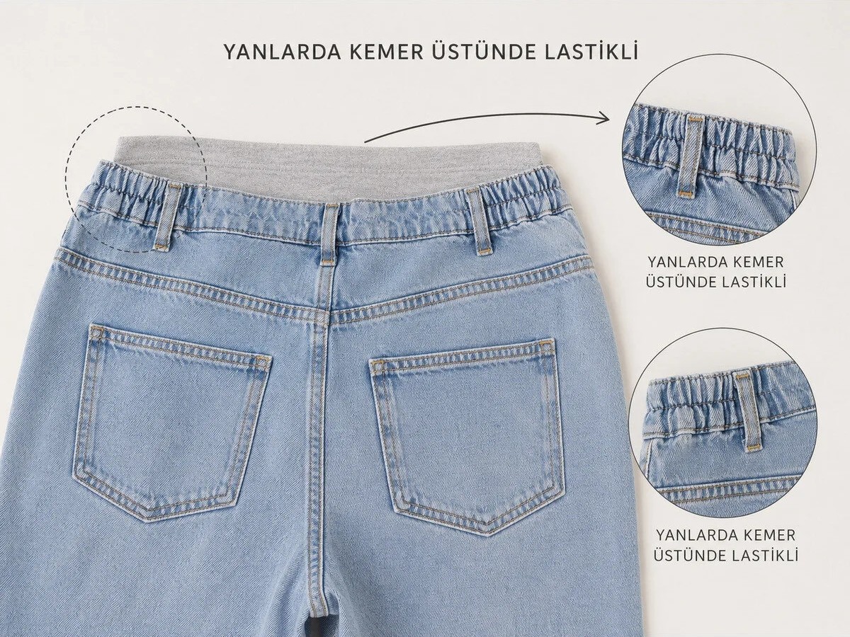 Meghan L.A Esnek Karın Bantlı Beli Lastikli Bol Paça Hamile Jean Pantolon Açık Mavi görsel 6