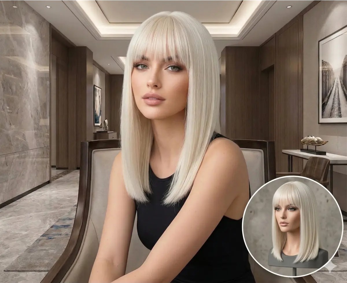 Marsilyan Platin Düz Perçemli Fiber Sentetik Omuz Peruk