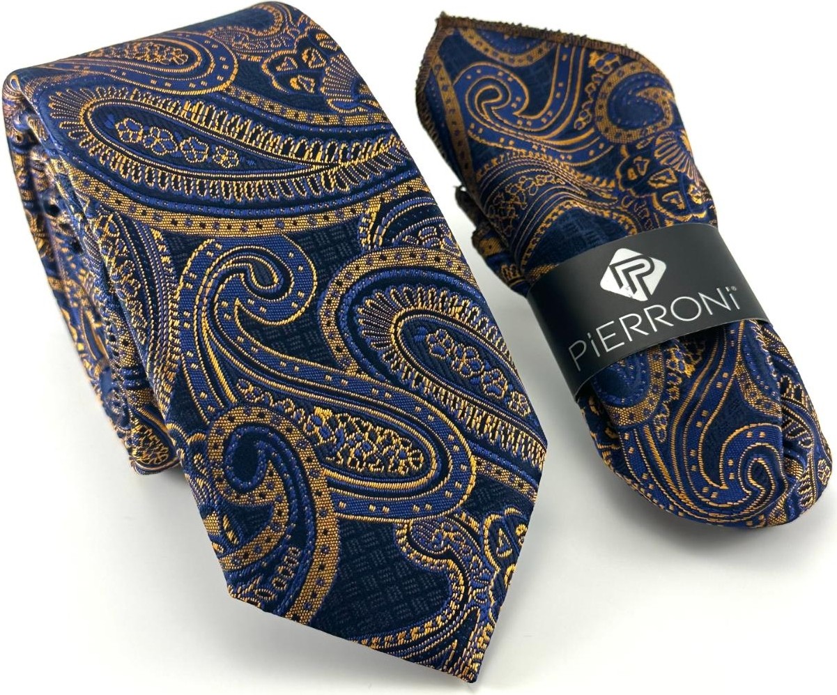 Pierroni Lacivert Gold Şal Desenli Mendilli Kravat Microfiber Kumaş ile Şık Tasarım
