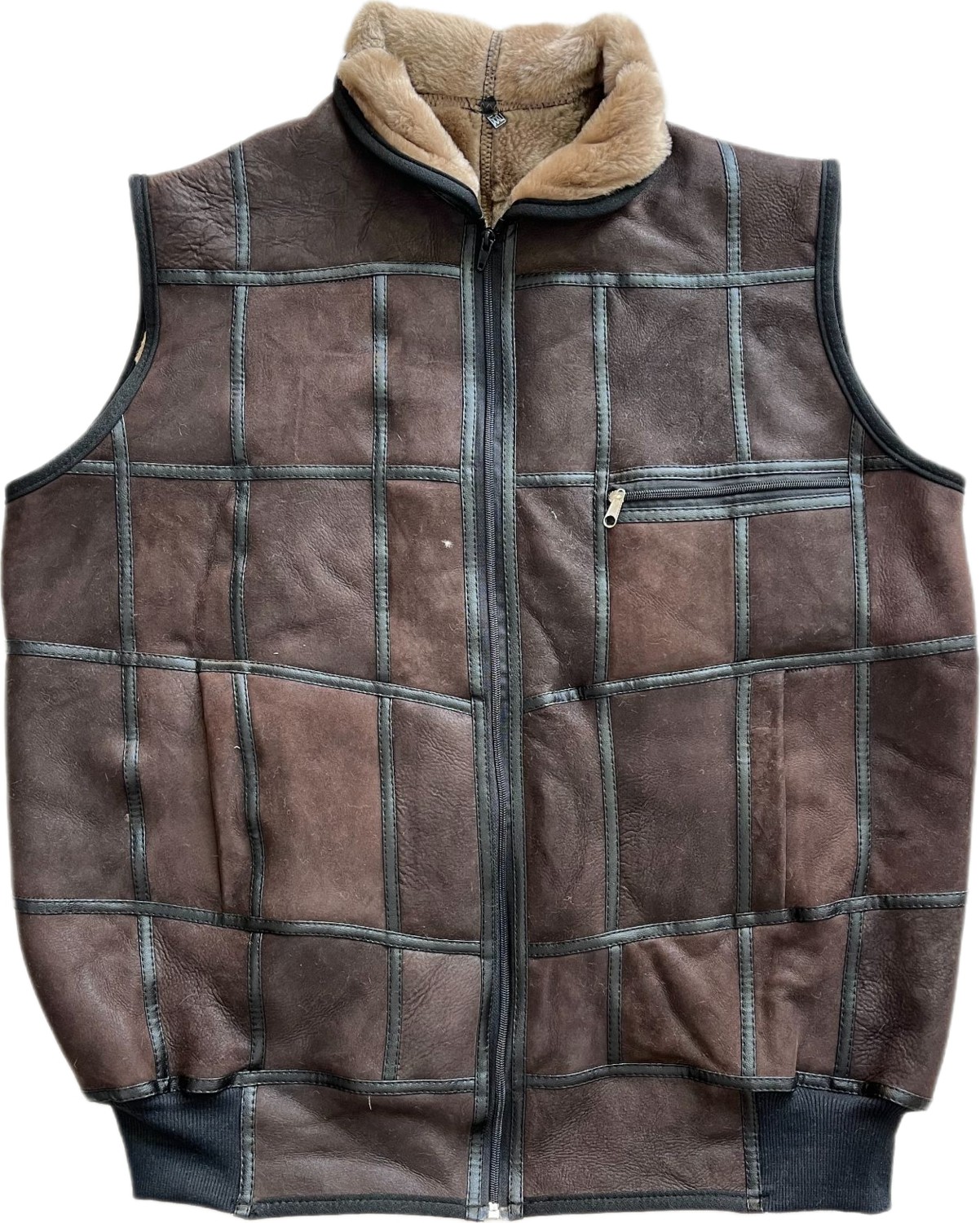 Patchwork Içi Kürk-Dışı Süet Hakiki Deri Yakalı Biye ve Triko Detaylı Yelek görsel 5