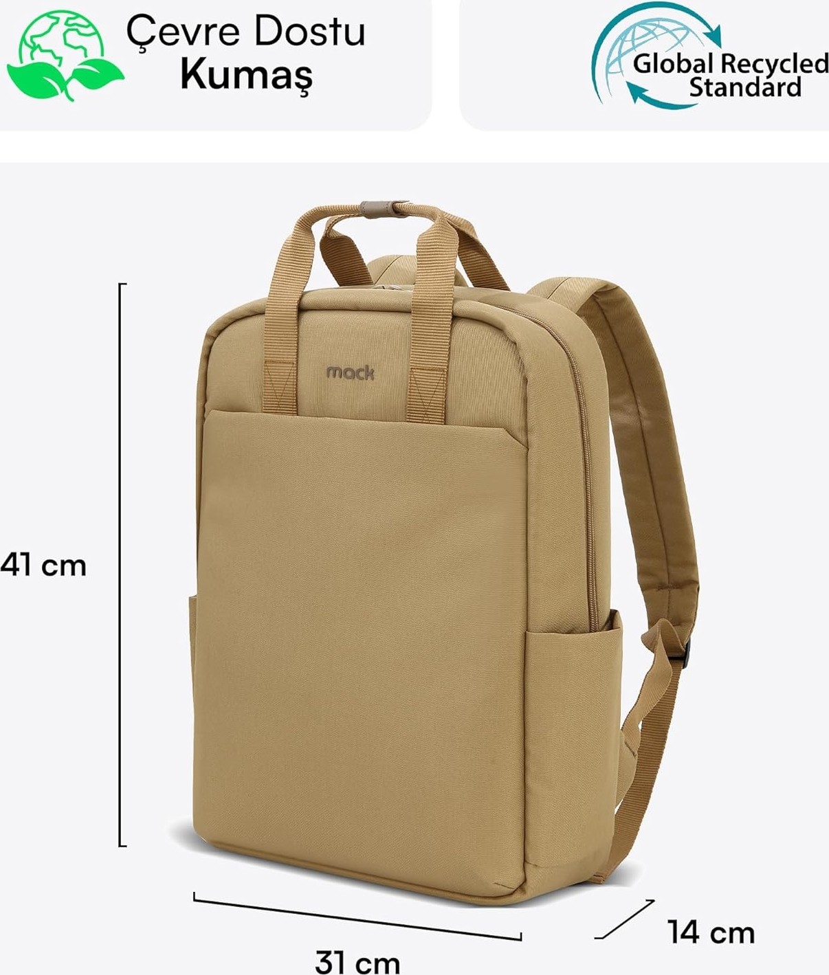 Happy Trend Mack MCE-1523 Nova Eco Çevre Dostu Laptop Sırt Çantası 15.6 Inç, Ykk Fermuarlı Bilgisayar Sırt Çantası, Kadın ve Erkek Günlük Çanta, Okul ve Iş Çantası, Camel görsel 2