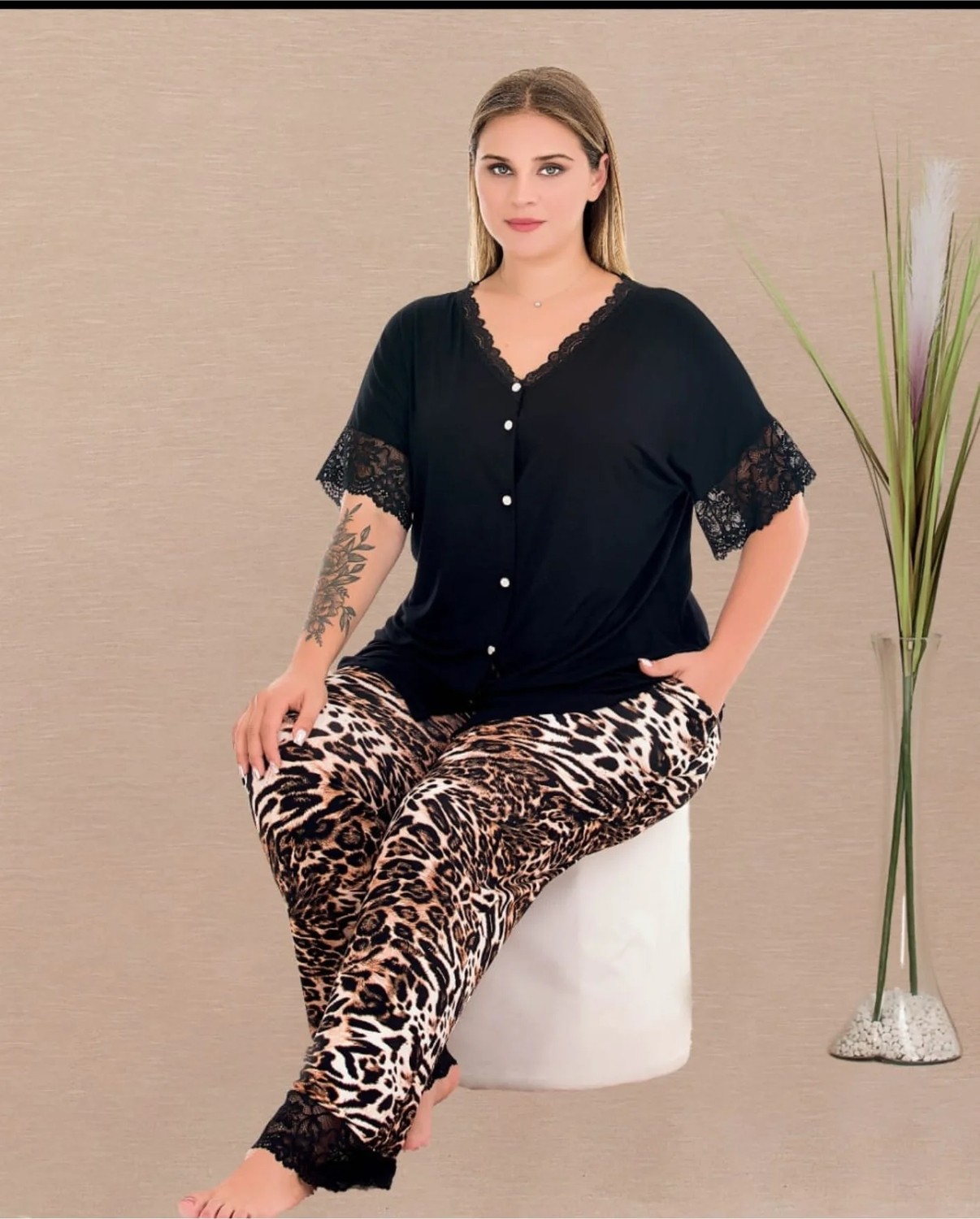 Yare Dantelli - Leopar Oversize Düğmeli Büyük Beden Pijama Takımı görsel 7