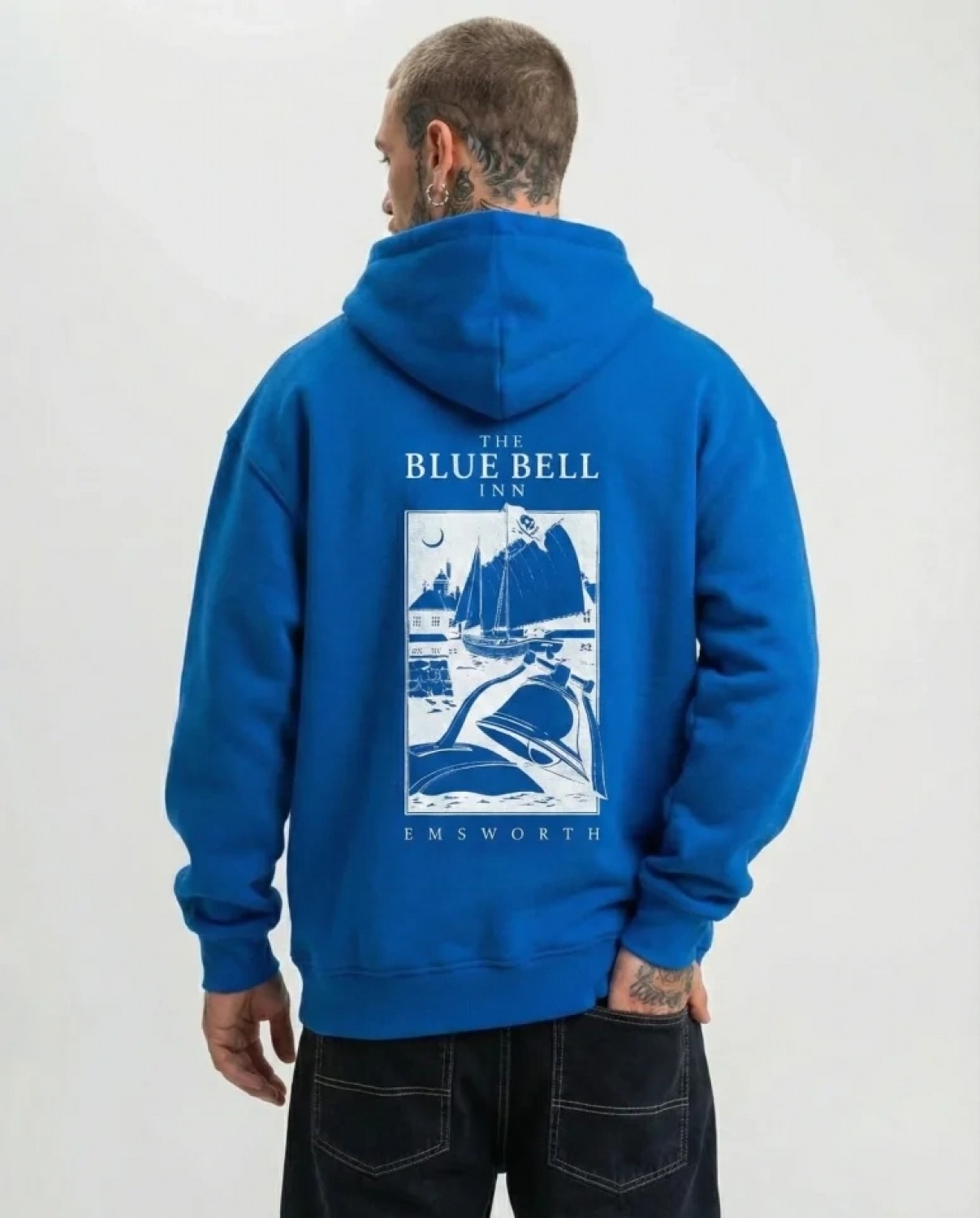 Pileli Store Erkek Kapüşonlu Double Oversize Üç Iplik Pamuklu Deniz Yelken Baskılı Kanguru - Saks Mavisi görsel 3