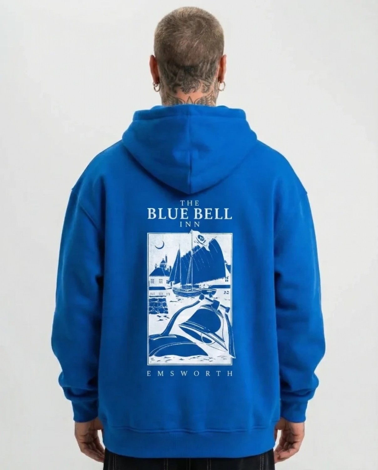 Pileli Store Erkek Kapüşonlu Double Oversize Üç Iplik Pamuklu Deniz Yelken Baskılı Kanguru - Saks Mavisi görsel 4