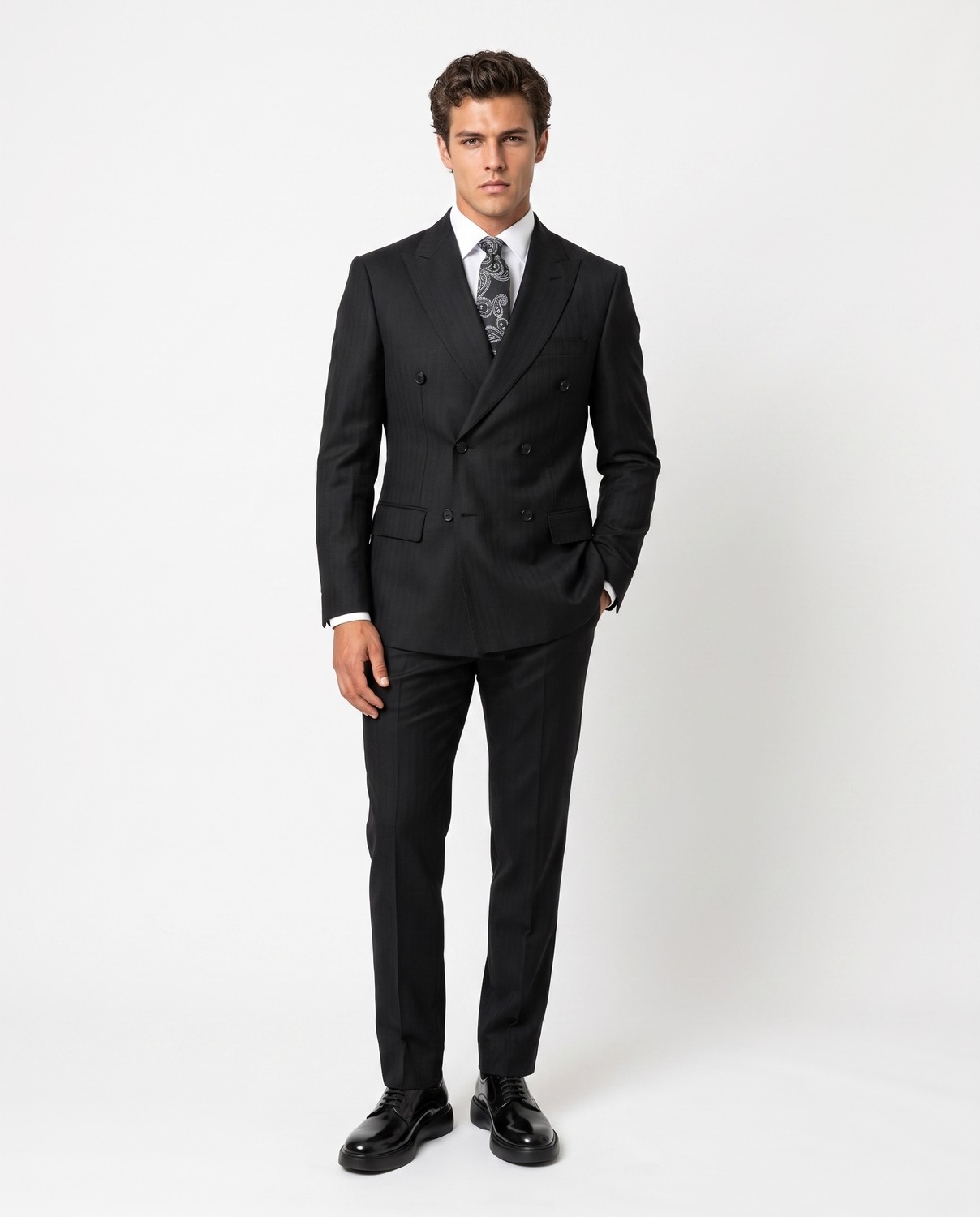HC MEN CLASSIC Erkek Siyah Regular Fit Polyamid Armürlü Kruvaze Takım Elbise