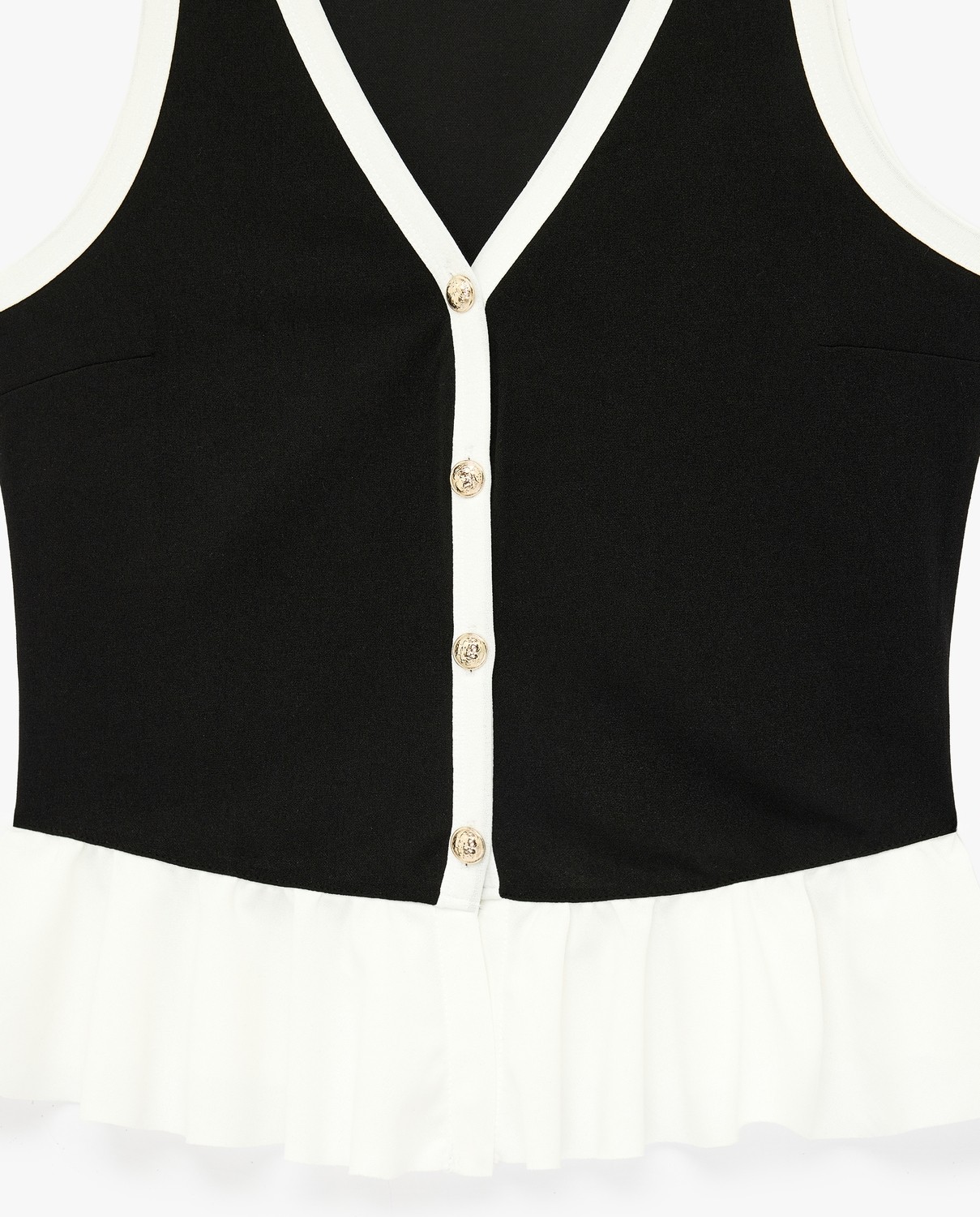 Koton Renk Kontrastlı Krep Scuba Kumaş Kolsuz Düğmeli V Yaka Fırfırlı Peplum Bluz görsel 6