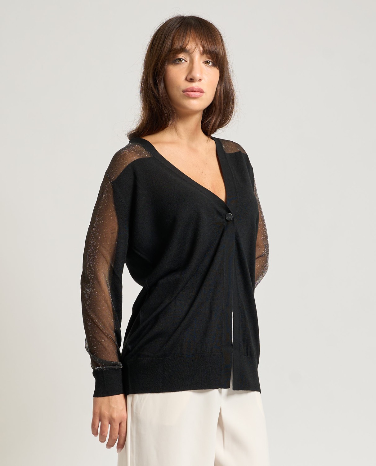 Armani Exchange Kadın Normal Kalıp V Yaka Tek Düğmeli Kolu Tül Detaylı Siyah Hırka XW001327 AF13781-MC108 görsel 3