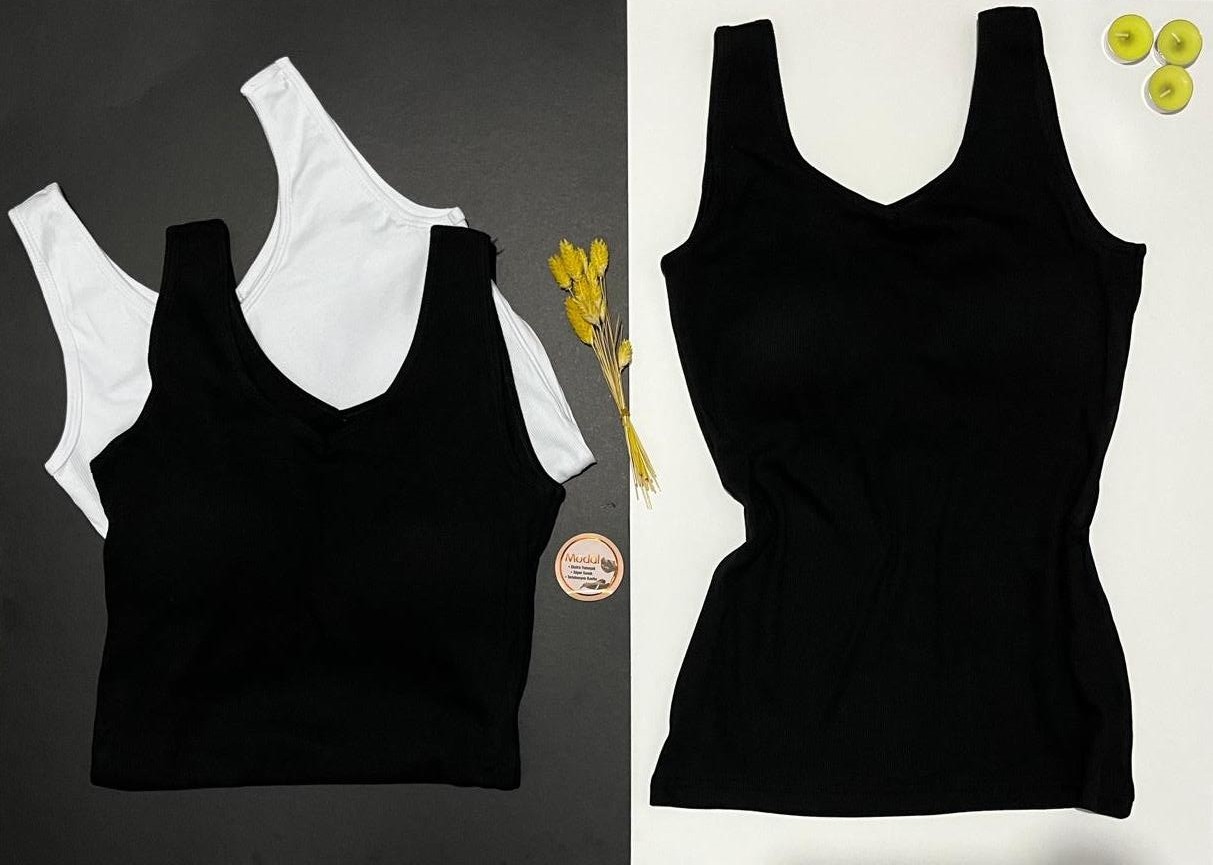 Veloure Kadın Atlet Sütyenli V Yaka Modal 1 Adet Siyah Pedli Atlet-Bluz-T-Shirt (Kota) görsel 4