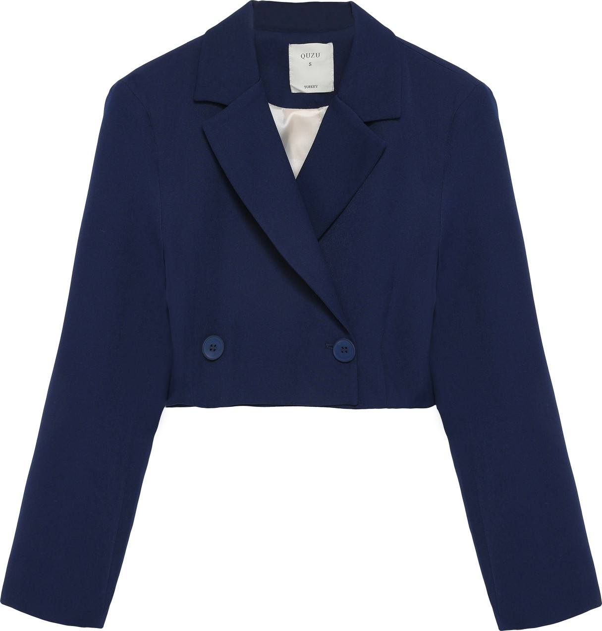 Quzu Kadın Kruvaze Crop Blazer Ceket Lacivert Dokuma Cepli Stil Casual görsel 5