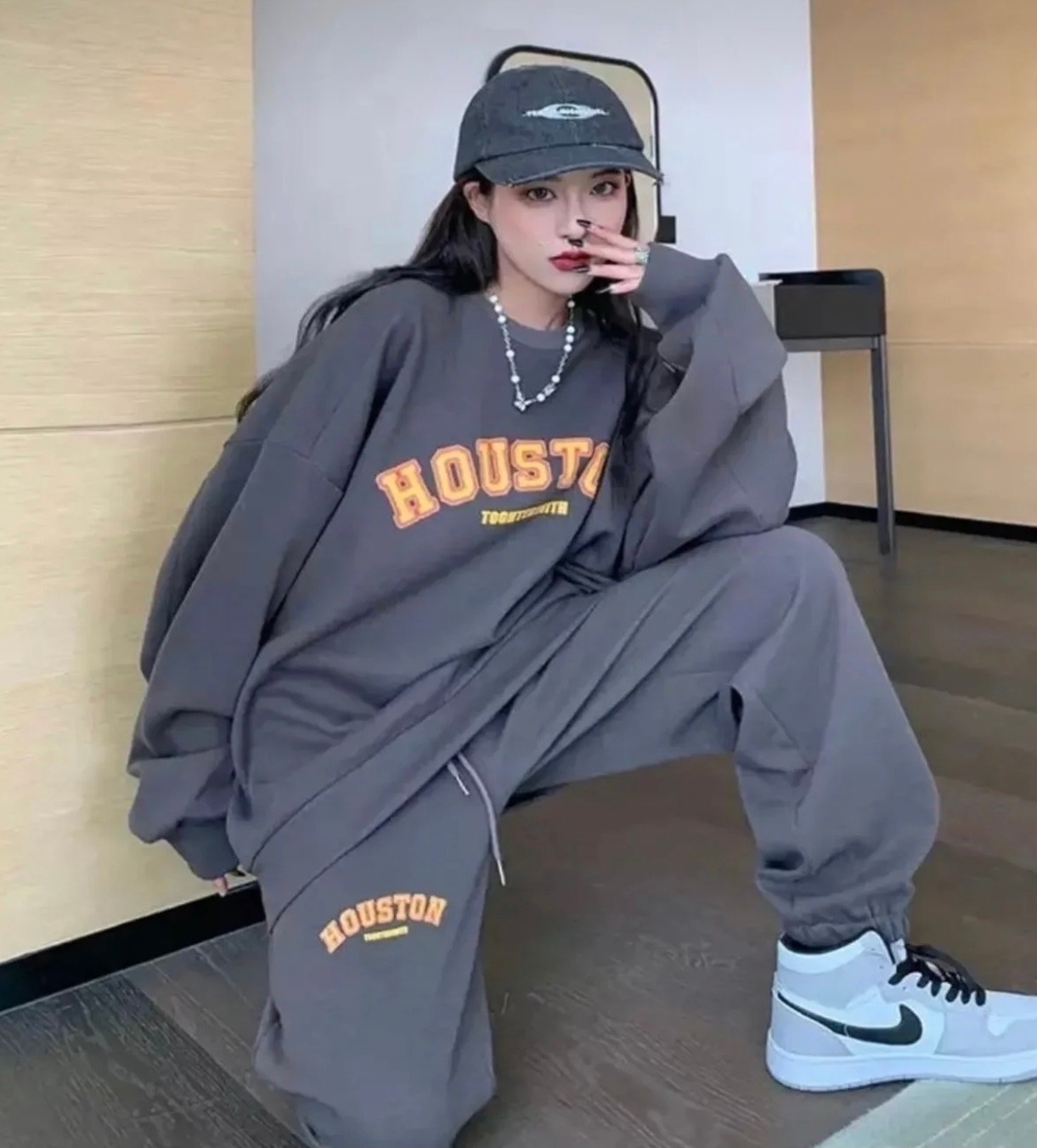 Punix Punıx Büyük Beden Oversıze Hip Hop Houston Baskılı Yüksek Kalite Trend Kadın / Kız Eşofman Takımı görsel 2