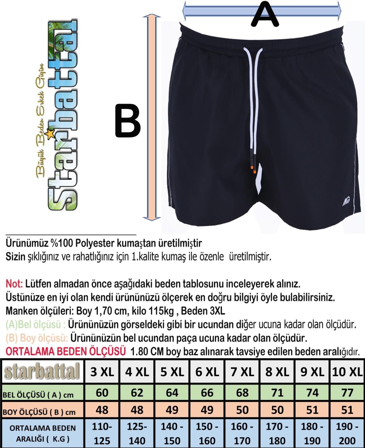 Starbattal Büyük Beden Klasik Deniz Şortu 23677 Hakı görsel 4