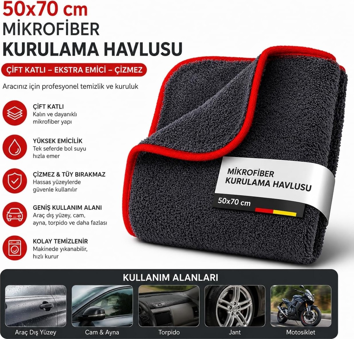 OEM 50X70 cm Mikrofiber Oto Araba Yıkama Kurulama Havlusu, Orta Boy Çift Katlı Araç Kurutma ve Torpido Silme Bezi (Kırmızı-Gri) Bez