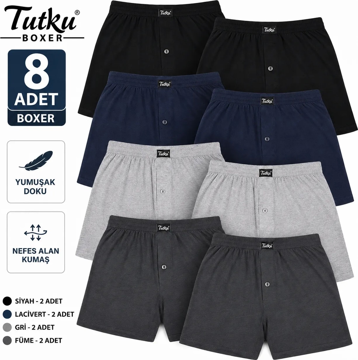 Tutku 8 Adet Erkek Penye Havlu Bel Boxer Karışık Renk görsel 8