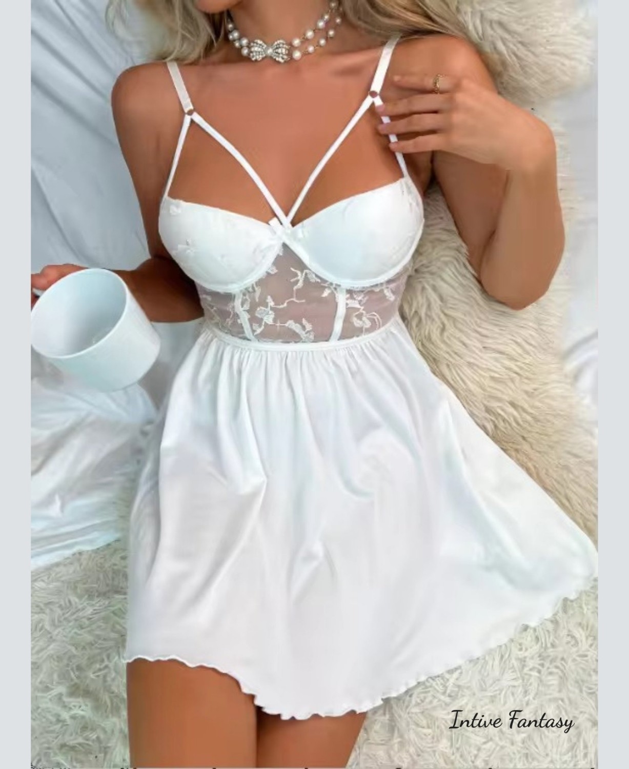 Intive Lingerie Intive Göğsü Kaplı Transparan Dantelli Tasarım Beyaz Mini Gecelik görsel 3