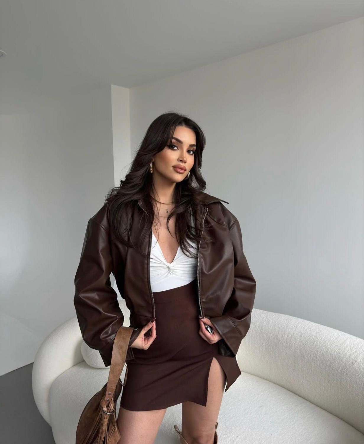 Merstore Kadın Oversize Bordo Suni Deri Bomber Ceket Klasik Cepli Günlük Stil