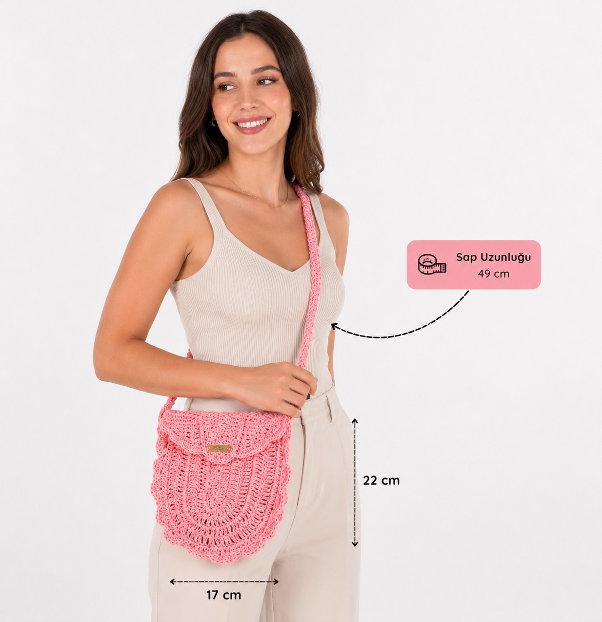 Aliye Şeker Pembe / Pastel Leylak / Indigo Lacivert Çapraz Askılı El Yapımı Örgü Kadın Postacı Çanta görsel 7