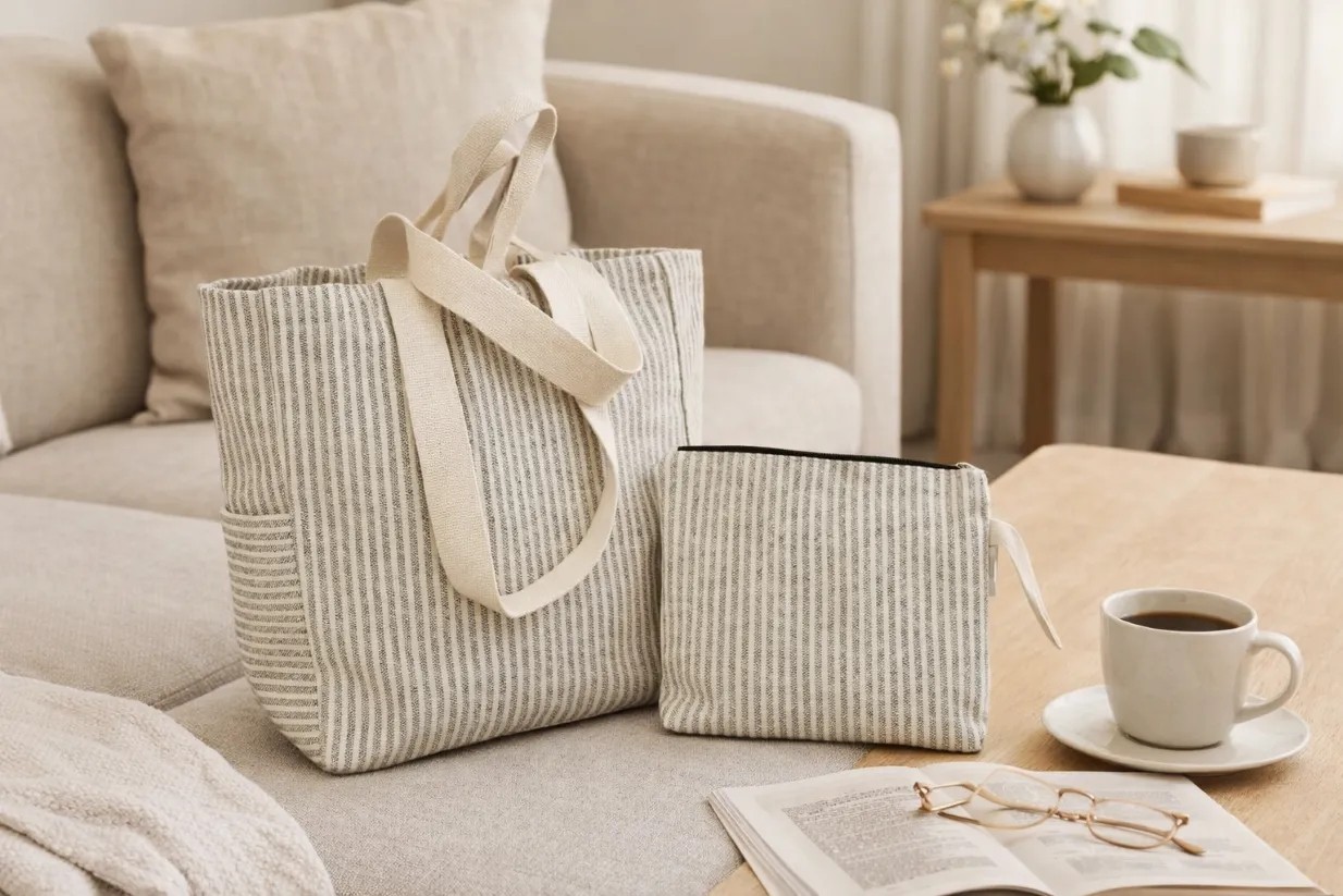 Faralya Life Çizgili Çanta 50X42 cm ve Makyaj Çantası Seti 26*21CM Bez Çanta Kombin Set görsel 5