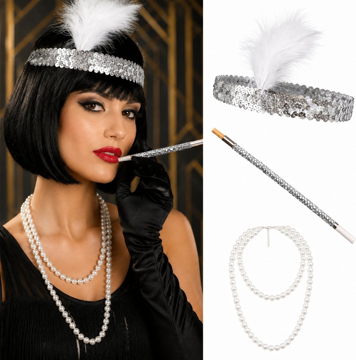 Die Grup 1920'LER Gatsby Gümüş Parti Seti - Çarliston Saç Bandı, Inci Kolye ve Tutacağı