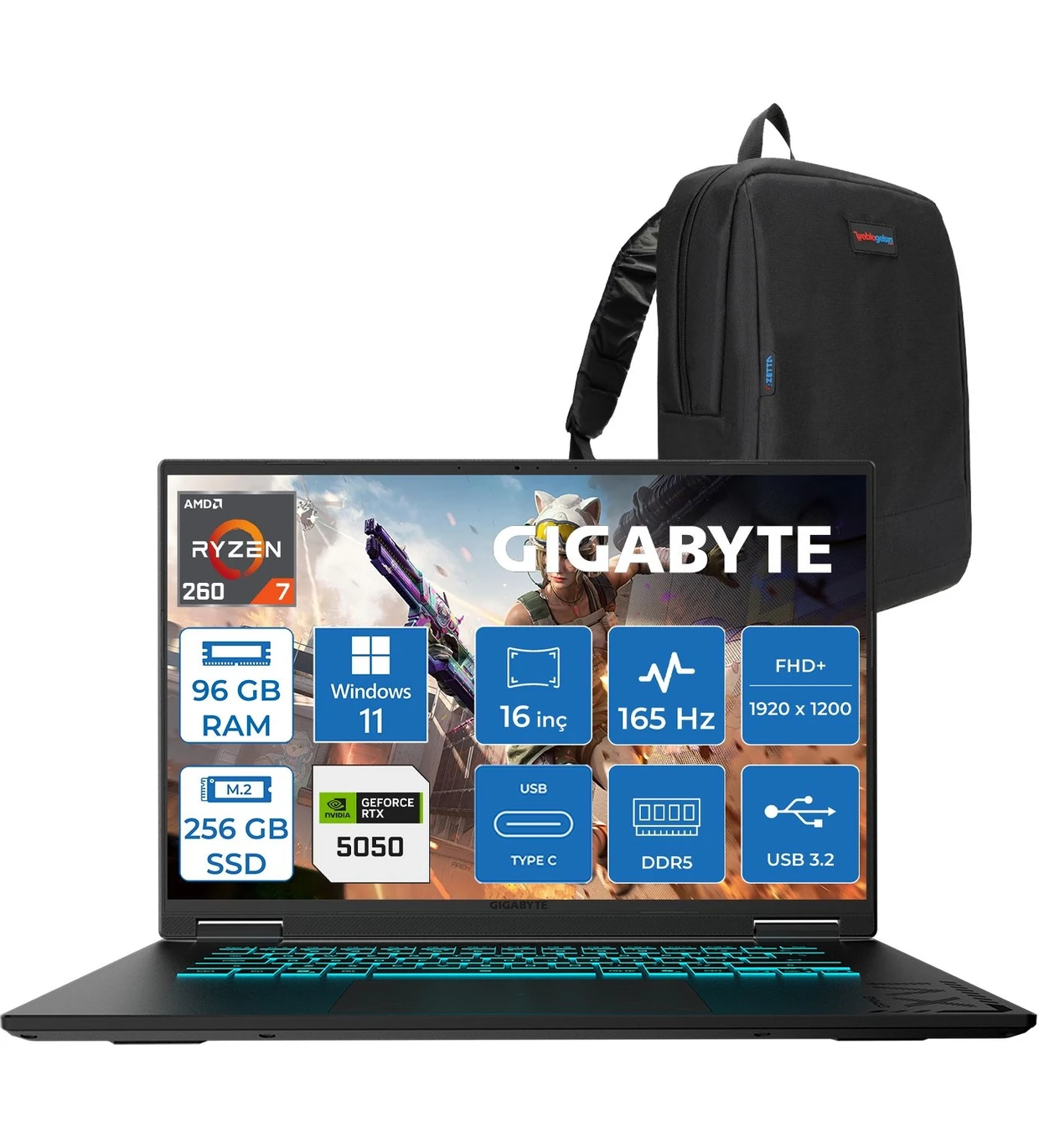 Resim Gigabyte Gaming A16-3TH Amd Ryzen 7 260 96GB Ddr5 256GB SSD RTX5050 Gddr7 8gb Windows 11 Home Mux Switch 16" IPS Wuxga (1920X1200) 165HZ 300NİTS K3TR893SDH36 + Zetta Çanta 