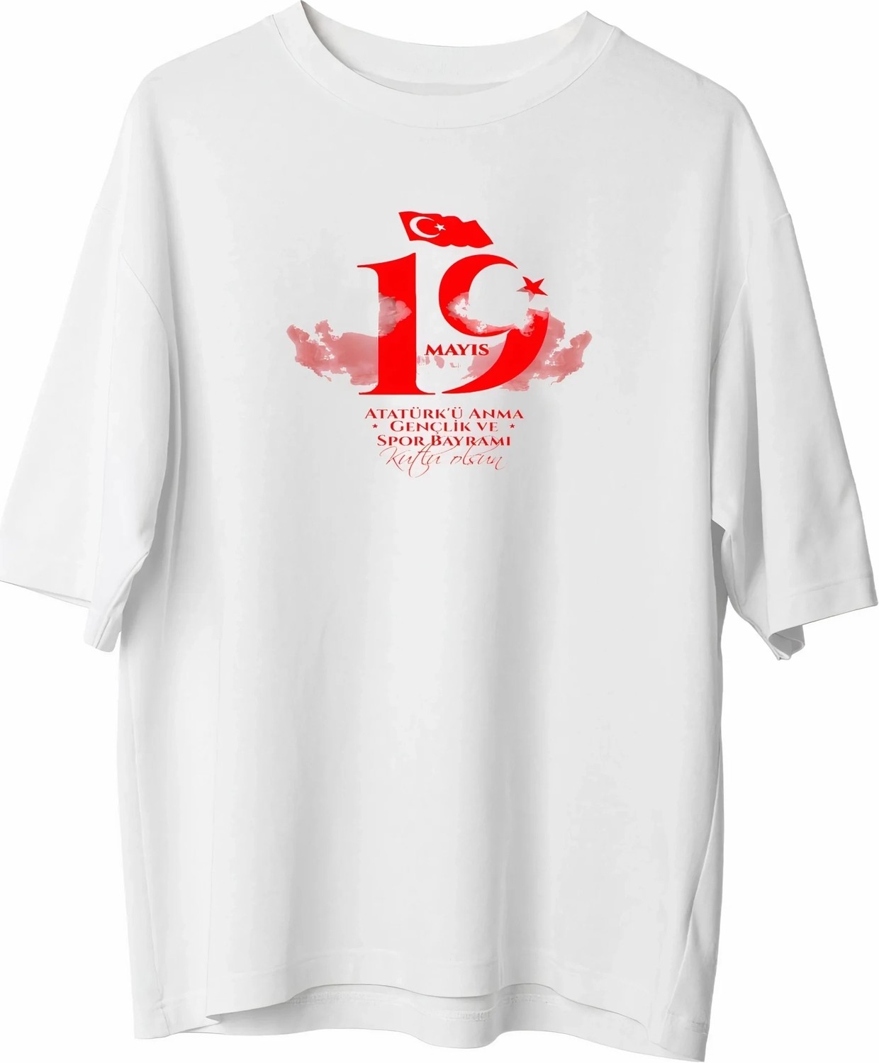Tarz Yeri 19 Mayıs Atatürk Temalı Gençlik ve Spor Bayramı Bisiklet Yaka T-Shirt - Beyaz