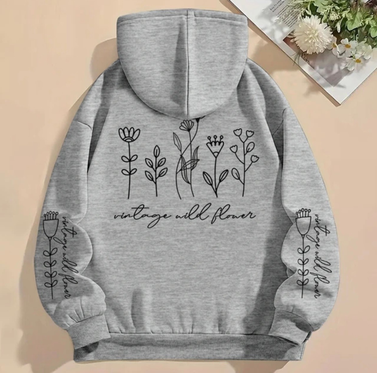 Amor Face Büyük Beden Özel Tasarım Kapüşonlu Vintage Wild Flower Sırt Baskılı Şık Battal Kadın Sweatshırt görsel 2