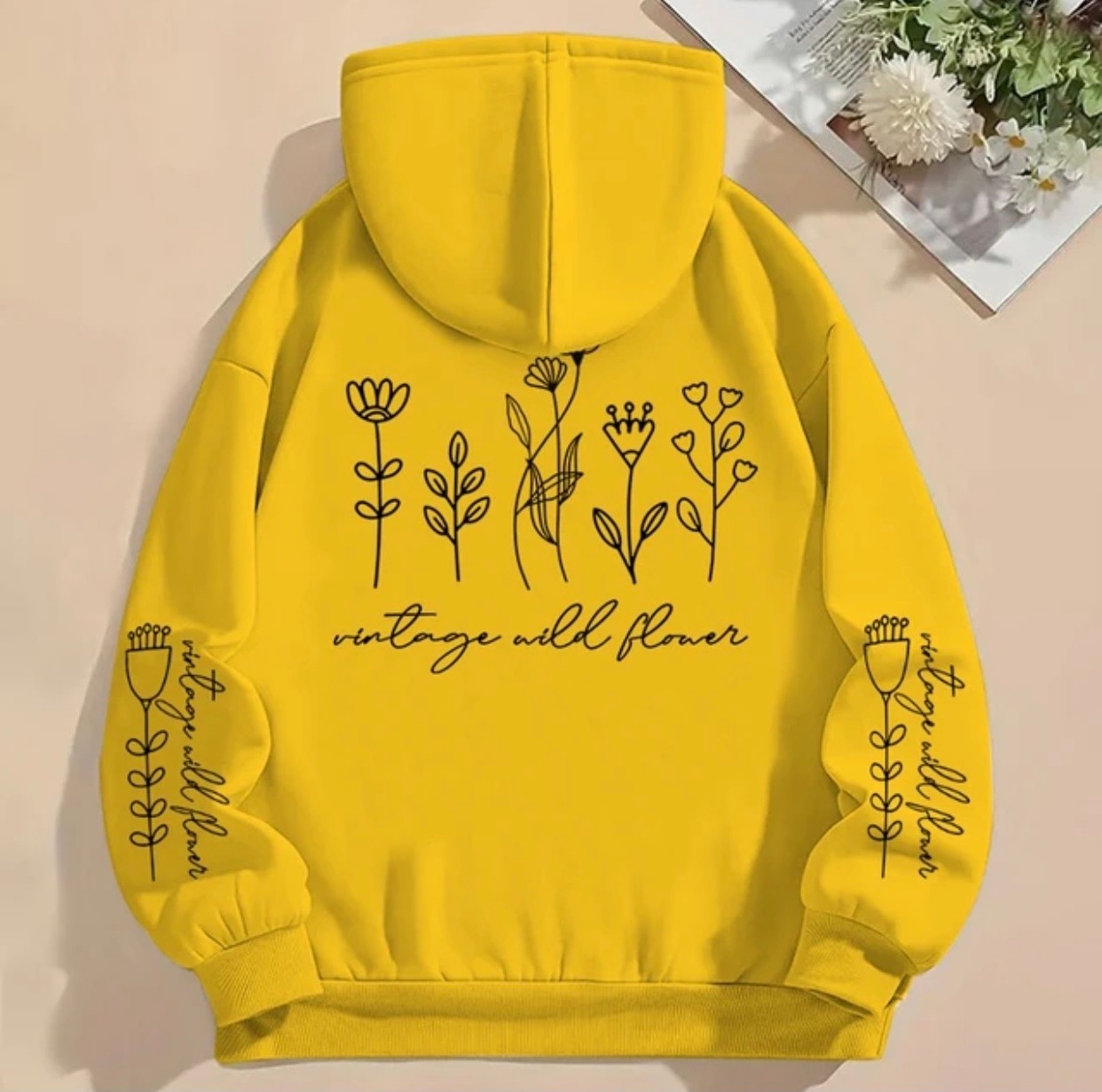 Amor Face Büyük Beden Özel Tasarım Kapüşonlu Vintage Wild Flower Sırt Baskılı Şık Battal Kadın Sweatshırt