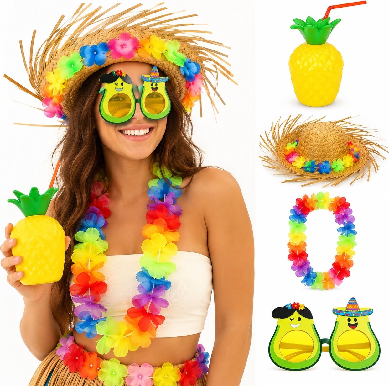 TeknoKapsül 4 Parça Hawaii Parti Seti Ananas Bardak Hasır Şapka Okado Gözlük Çiçek Kolye