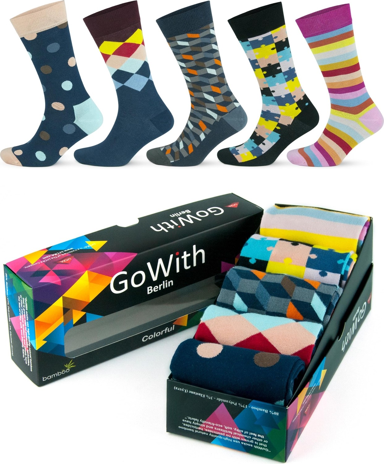 Die Grup Gowith 5'li Yıkanmış Seamless (Dikişsiz) Topuk Burun Güçlendirilmiş Nem Emici Renkli Bambu Erkek Çorap 3563