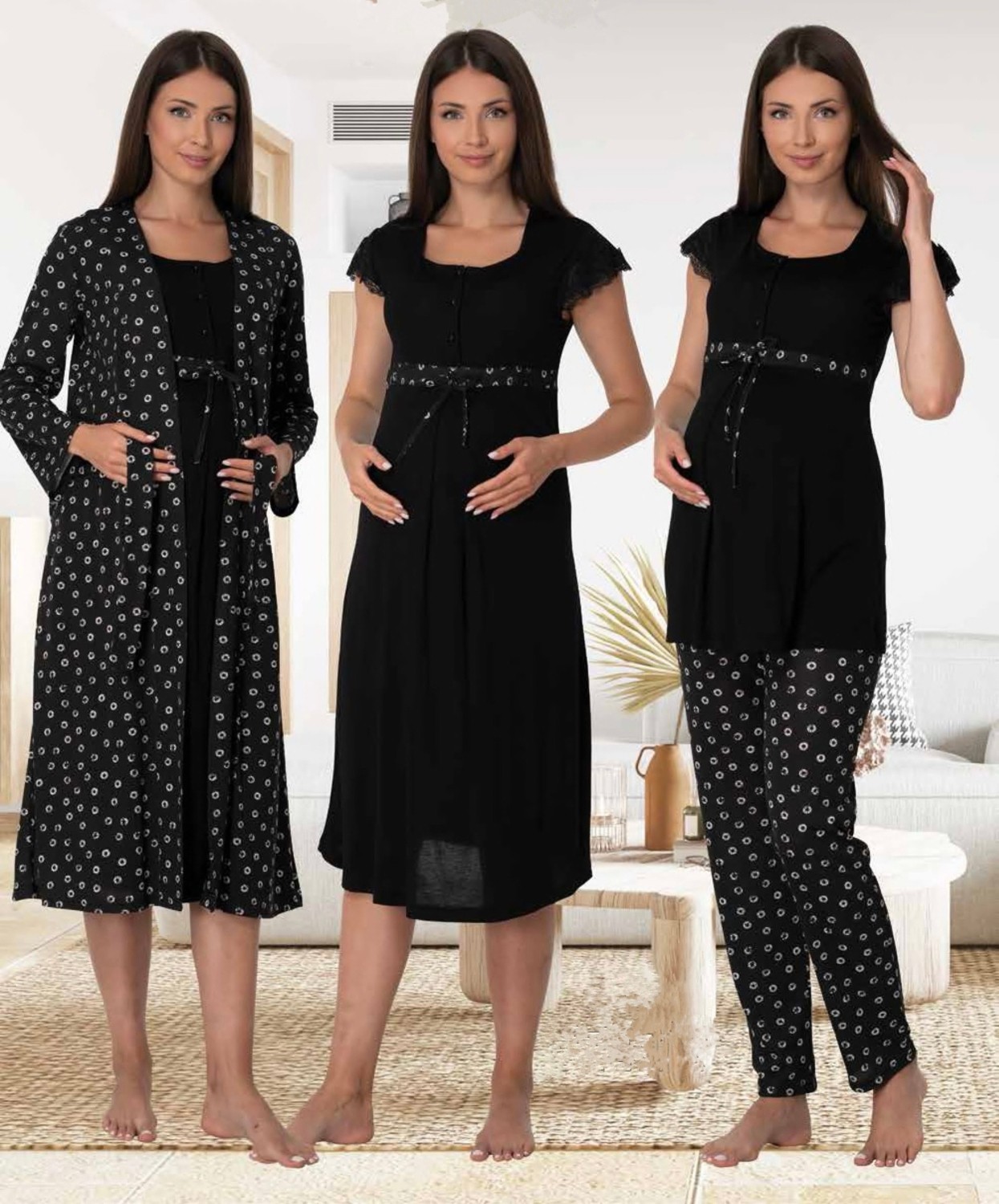 Effort Dvina Effortt Lohusa 4'lü Set - Sabahlık/pijama Takımı/gecelik Pudra - 6016 görsel 4