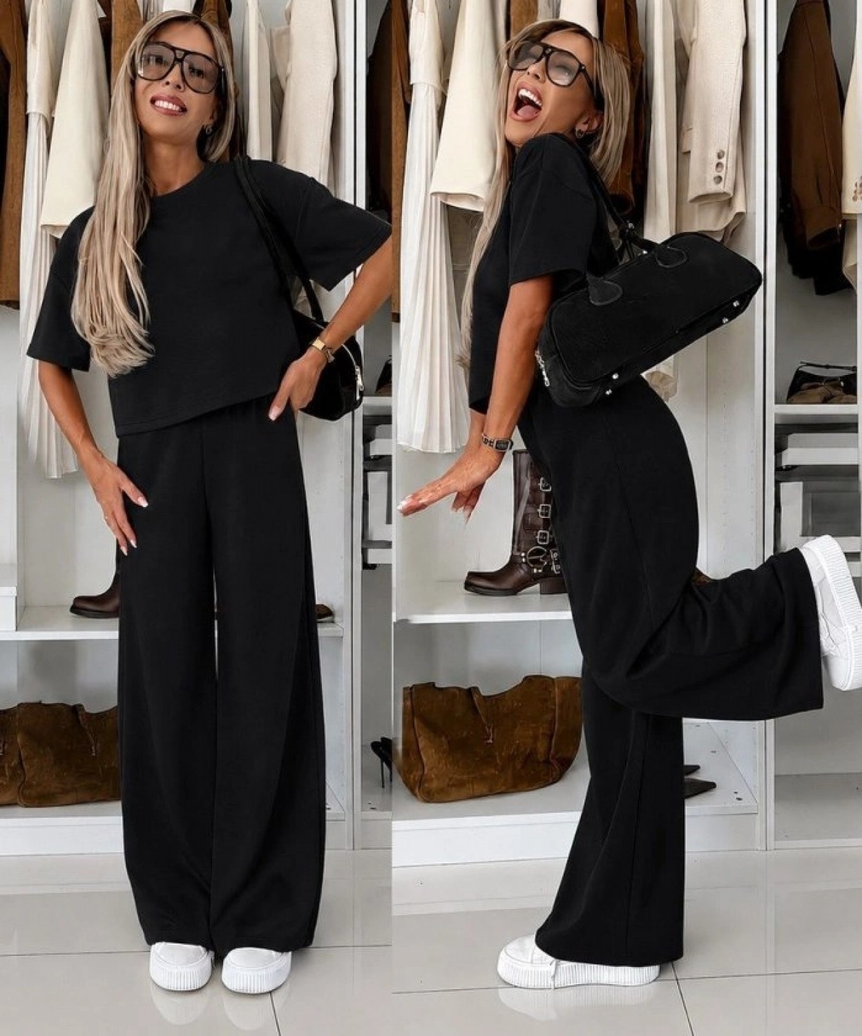 Pileli Store Kadın Kısa Kollu Bisiklet Yakalı Modal Bluz ve Pantolon Ikili Takım