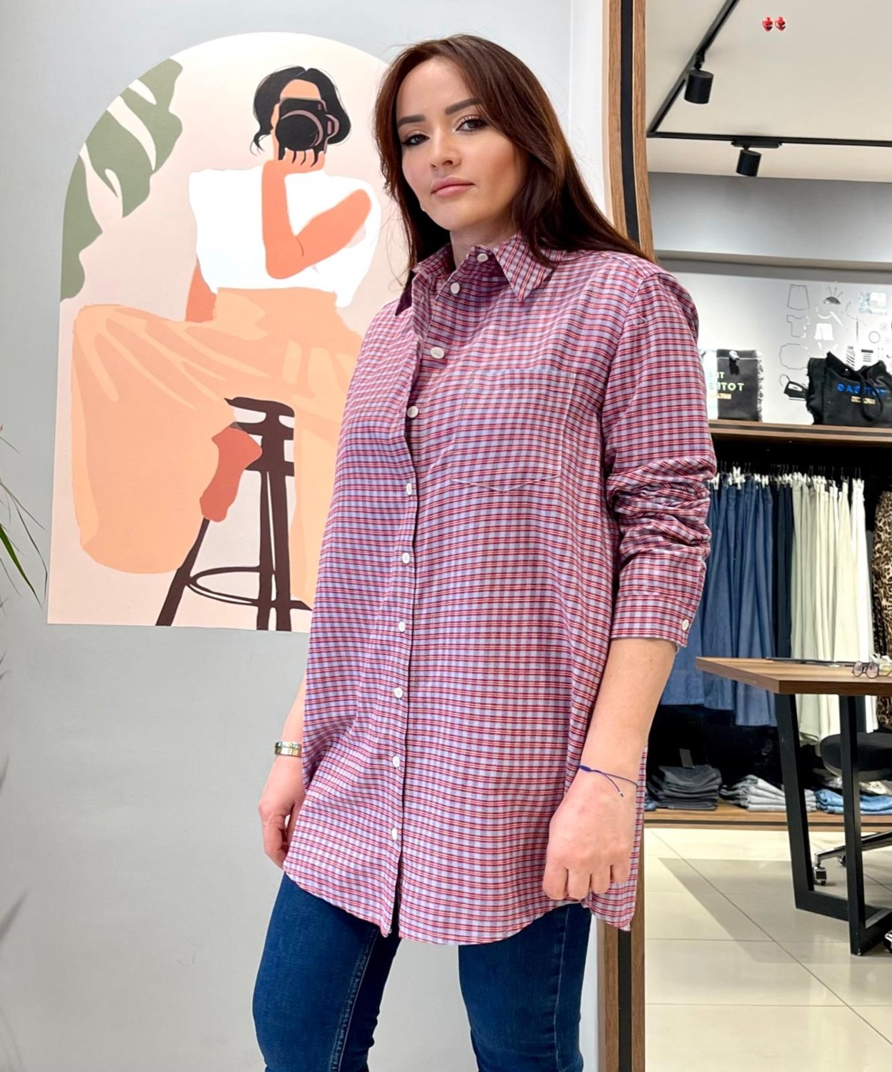 Arzu Özel Moda Atölyesi Oversize Geniş Kesim %100 Pamuk Kadın Kırmızı Piti Kare Tunik Gömlek.
