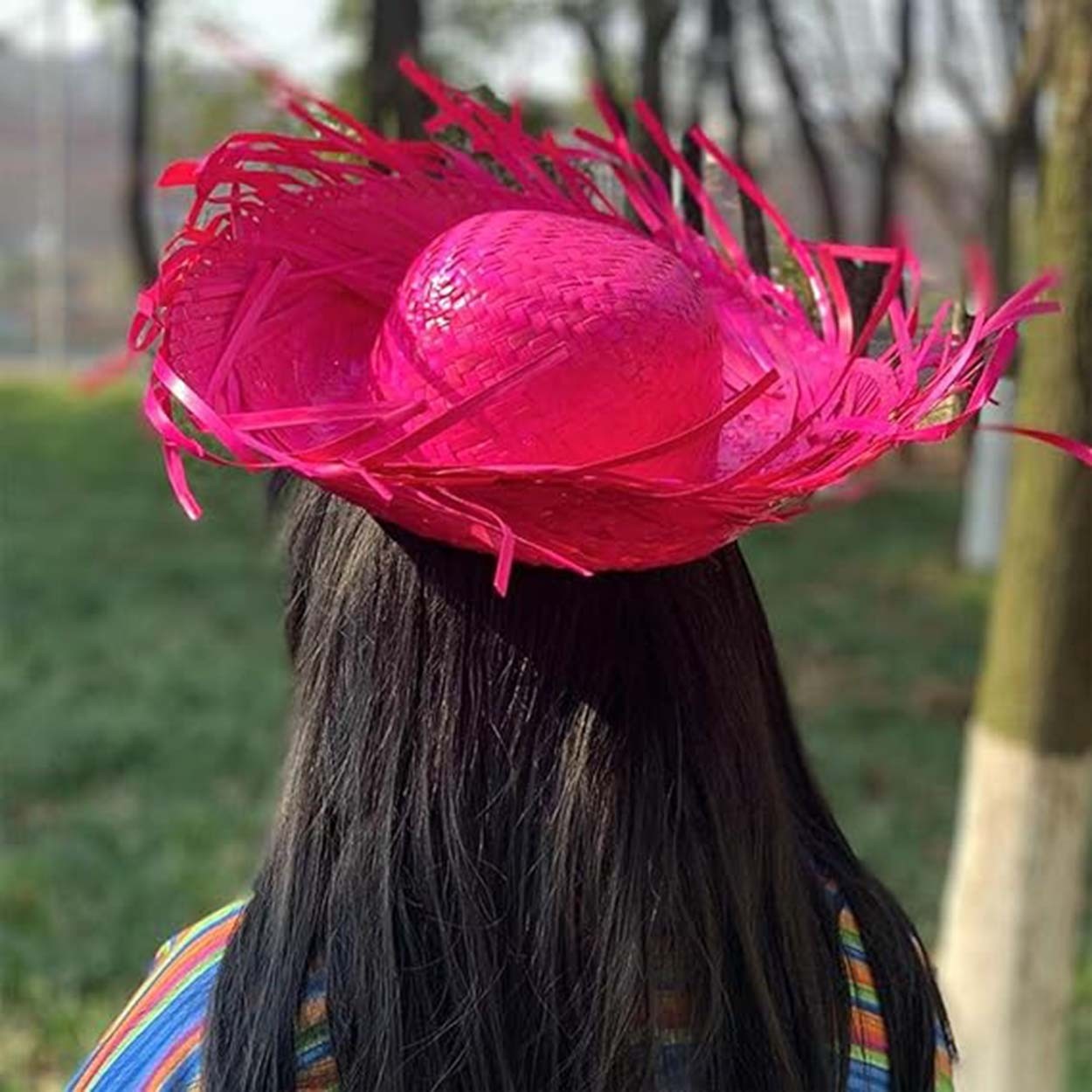 TeknoKapsül Tropikal Parti Pembe Fuşya Hasır Hawaii Şapkası 13X36 cm görsel 5
